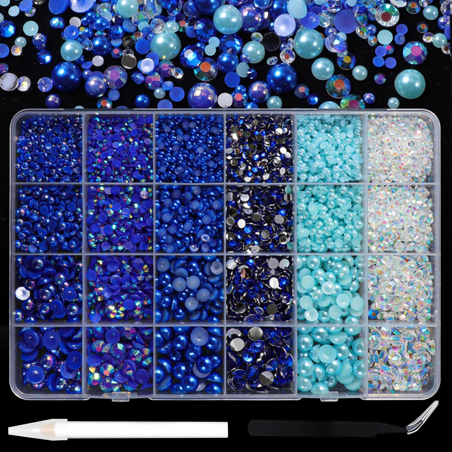 24 Grid Flatback Rhinestones and Beads for Nails, Betterjonny Rhinestones for Crafts 3-8 Mm Glitter Stones Half Beads with Tweezers and Dotting Pen for DIY Crafts Nail Design Clothing, B image number 6