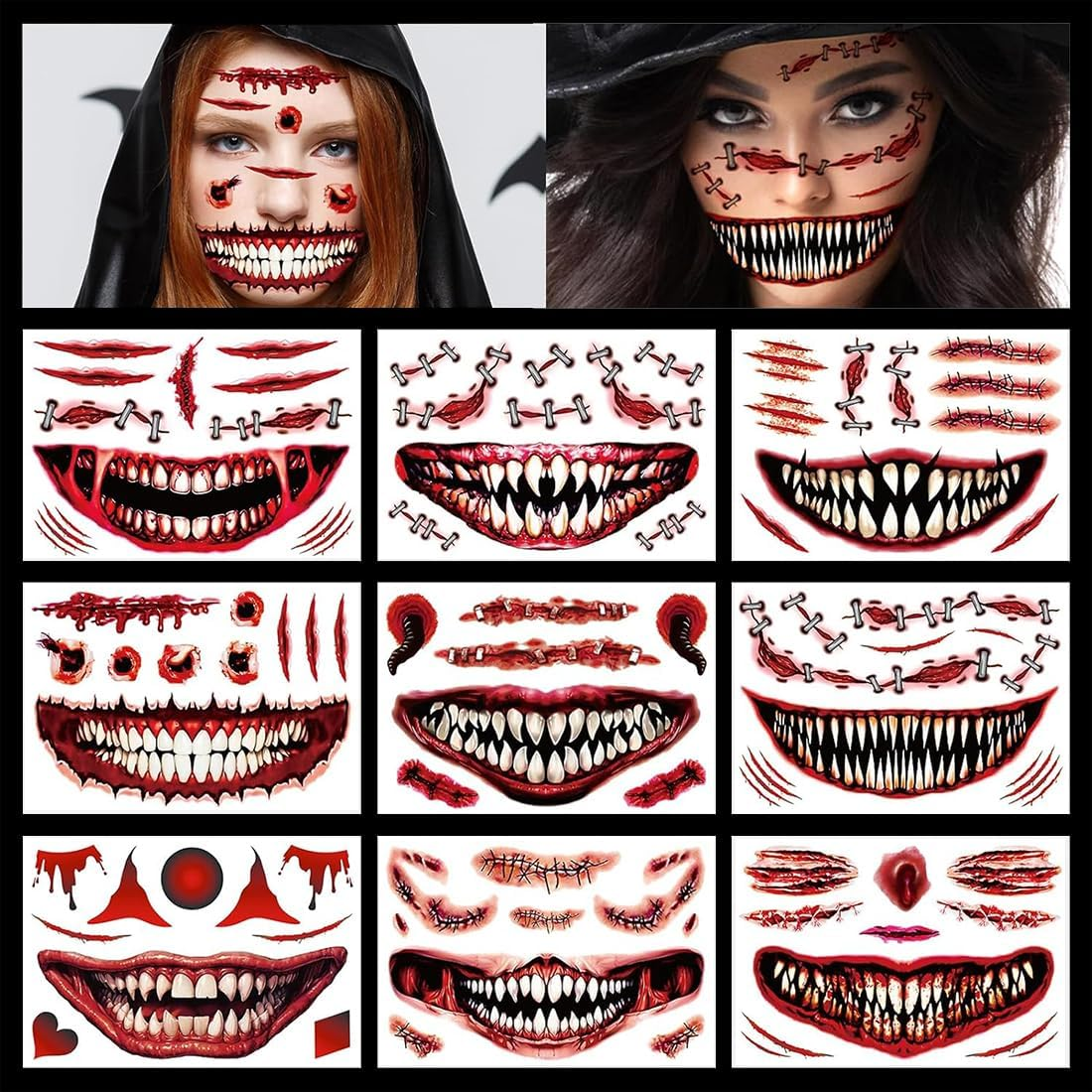 9 Sheets Scary Face Tattoo Scars Wounds Halloween Costume Women Men Adults Fake Face Halloween Make up Zombie Temporary Tattoos Party Accessories Accessories image number 4