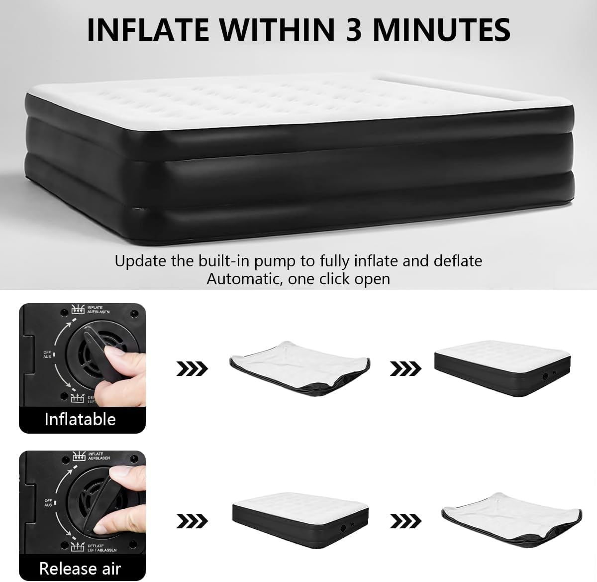 Queen Size Air Mattress,Built-In Air Pump,Automatic Inflating/Deflating PVC Waterproof Material,Skin-Friendly Flocking Surface,203&times;152&times;47Cm,300Kg MAX, Suitable for Family Camping image number 3