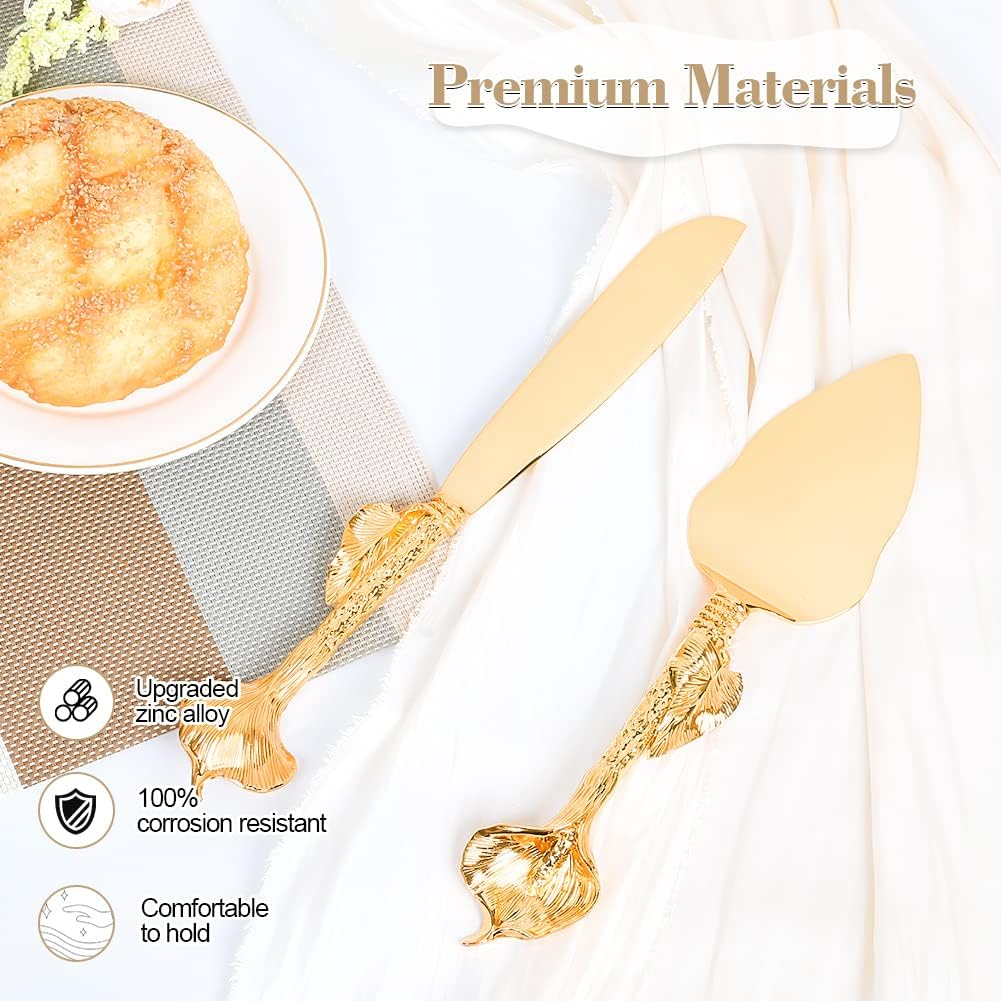 Personalized Gold Cake Knife and Server Set, Engraved Pastry Pie Server Cake Pizza Cutter, Wedding and Birthday Bridal Gift (F-Rustic) image number 4