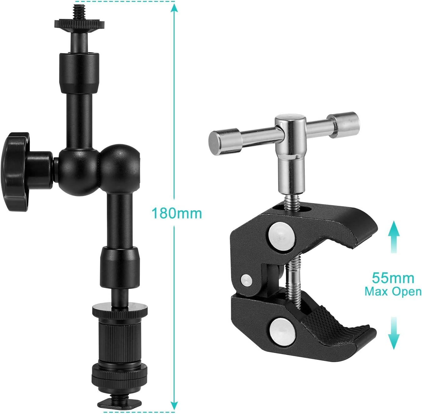 WANBY Magic Arm 7" Articulating Friction Arm & Large Adjustable Super Clamp Pliers Clip with 1/4" and 3/8" Thread for DSLR Camera Rig LCD Monitor LED Flash Lights image number 2