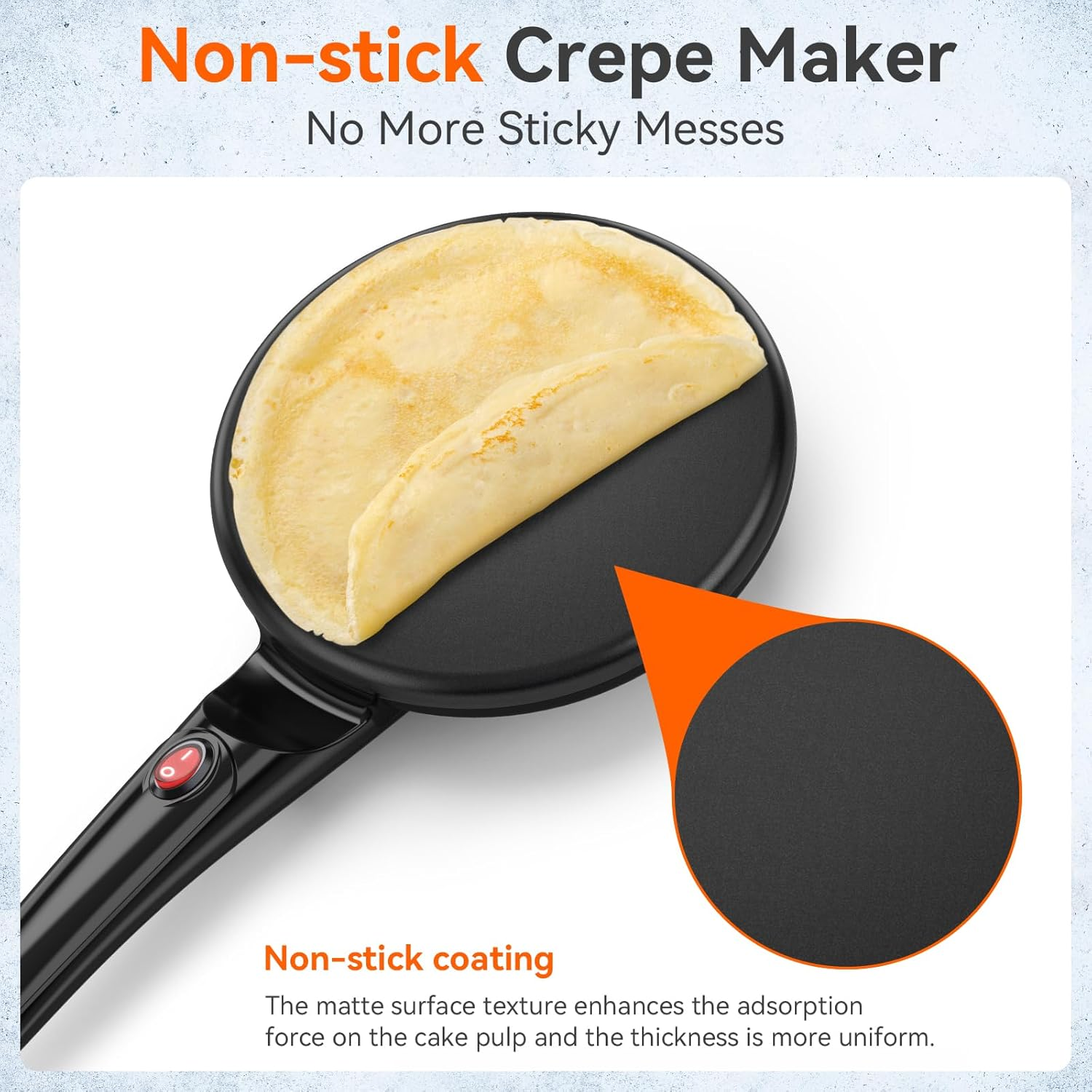 SNAILAR Crepes Maker, Electric Crepe Maker with Handle, Non-Stick Coating, Heating Surface with Diameter 20 Cm, 800 W, Automatic Temperature Control, Easy to Use, for Crepes, Pancakes and Taccos. image number 2