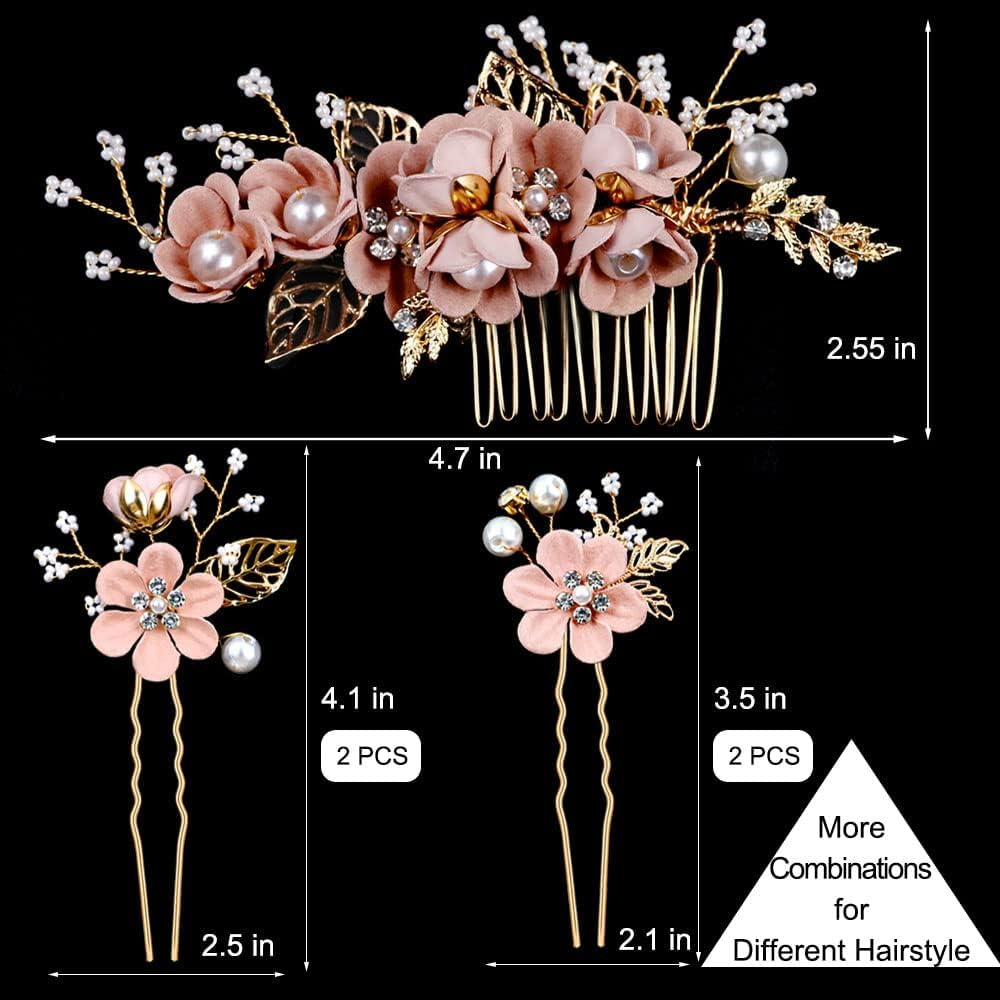 Floral Hair Accessories for Wedding, 5PCS Gold-Toned Crystal Pearl Hair Comb Slides Bridal Hair Pins with 3 Shapes SZTTY image number 6