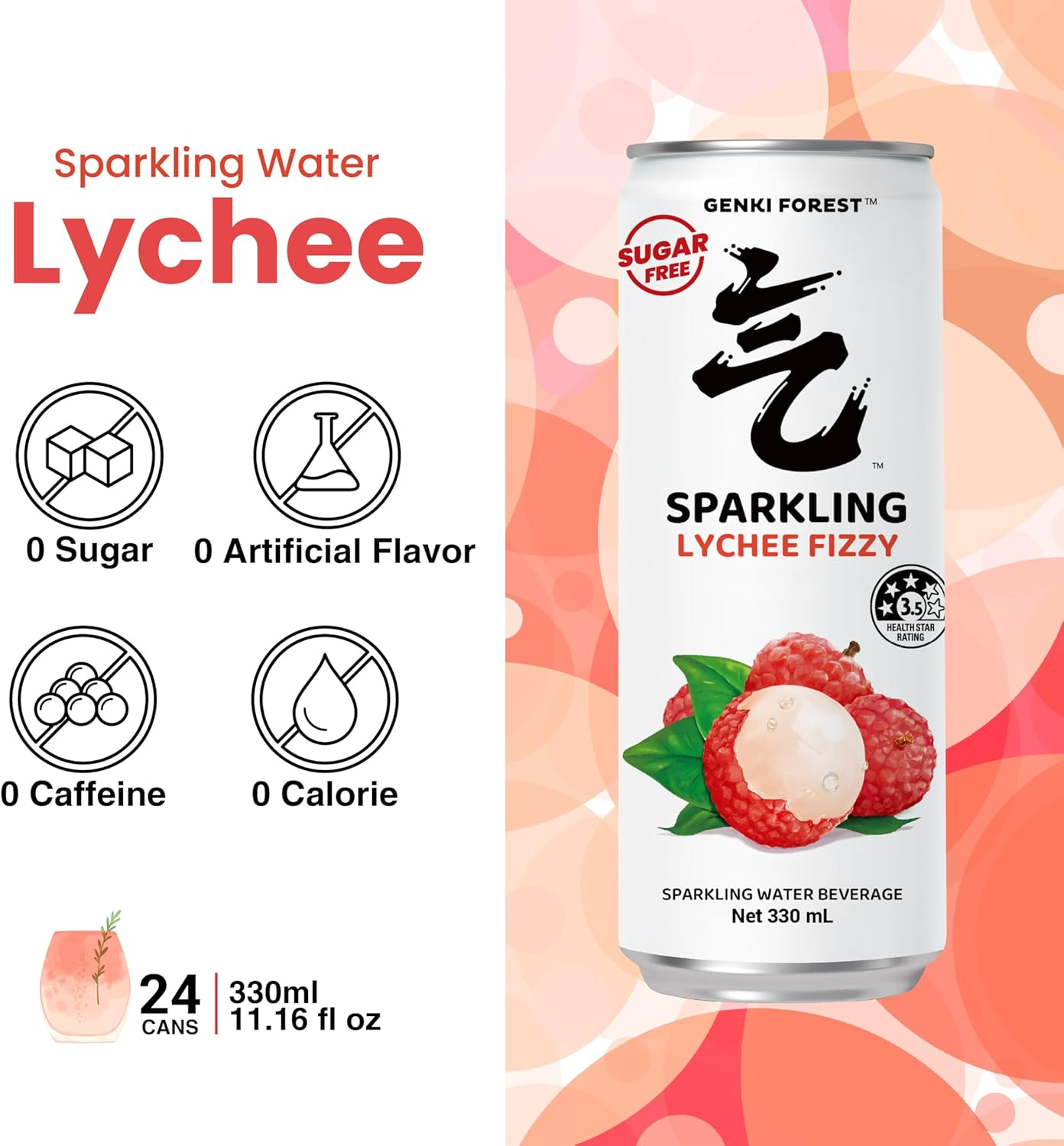 GENKI FOREST Lychee Fizzy Sparkling Water Beverage, Zero Sugar Drinks, 330Ml X 24 CANS