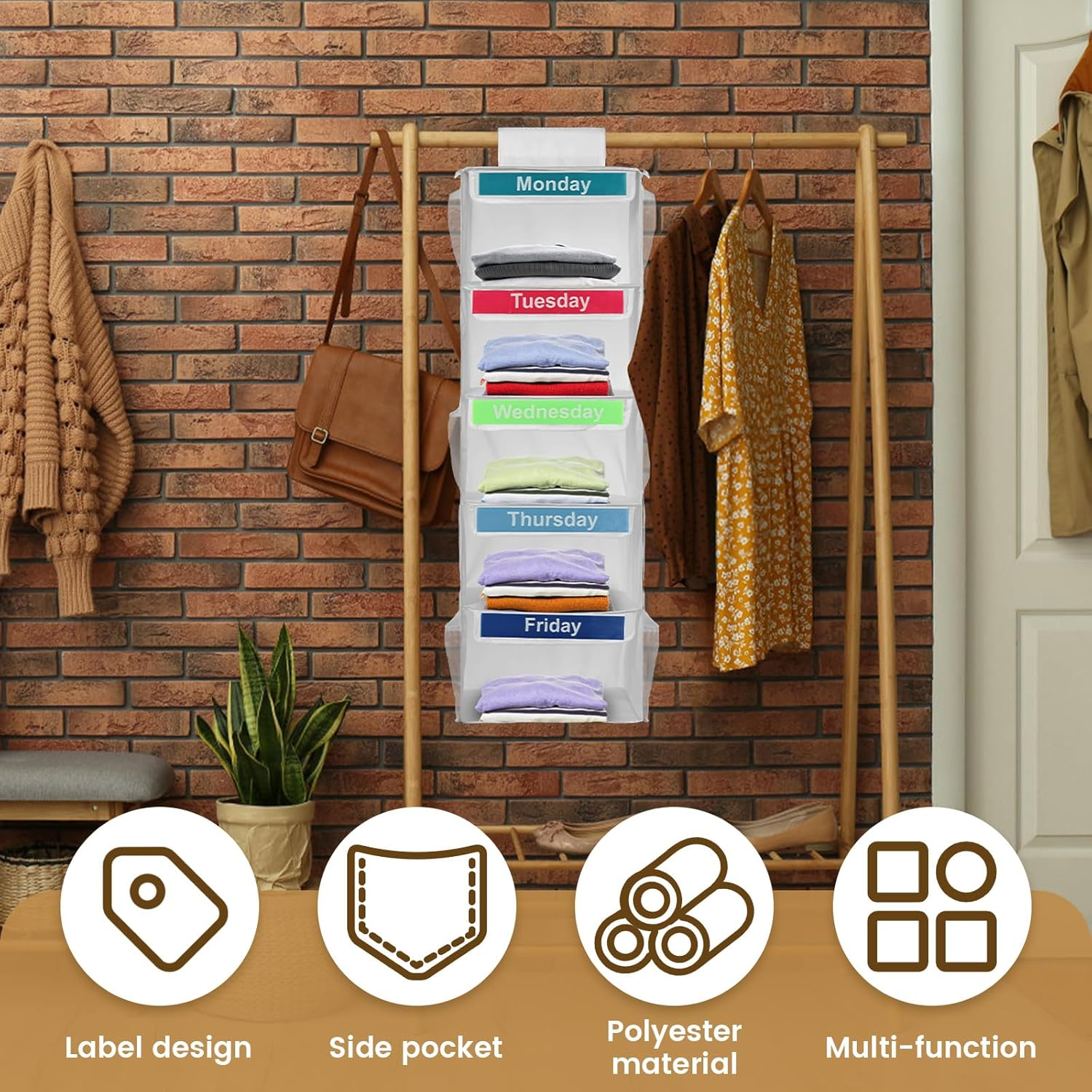 Weekly Clothes Organizer for Kids - 5 Shelf Hanging Closet Organizer, Polyester Daily Cube for Hats, T-Shirts, Bags, Towels (White) image number 5