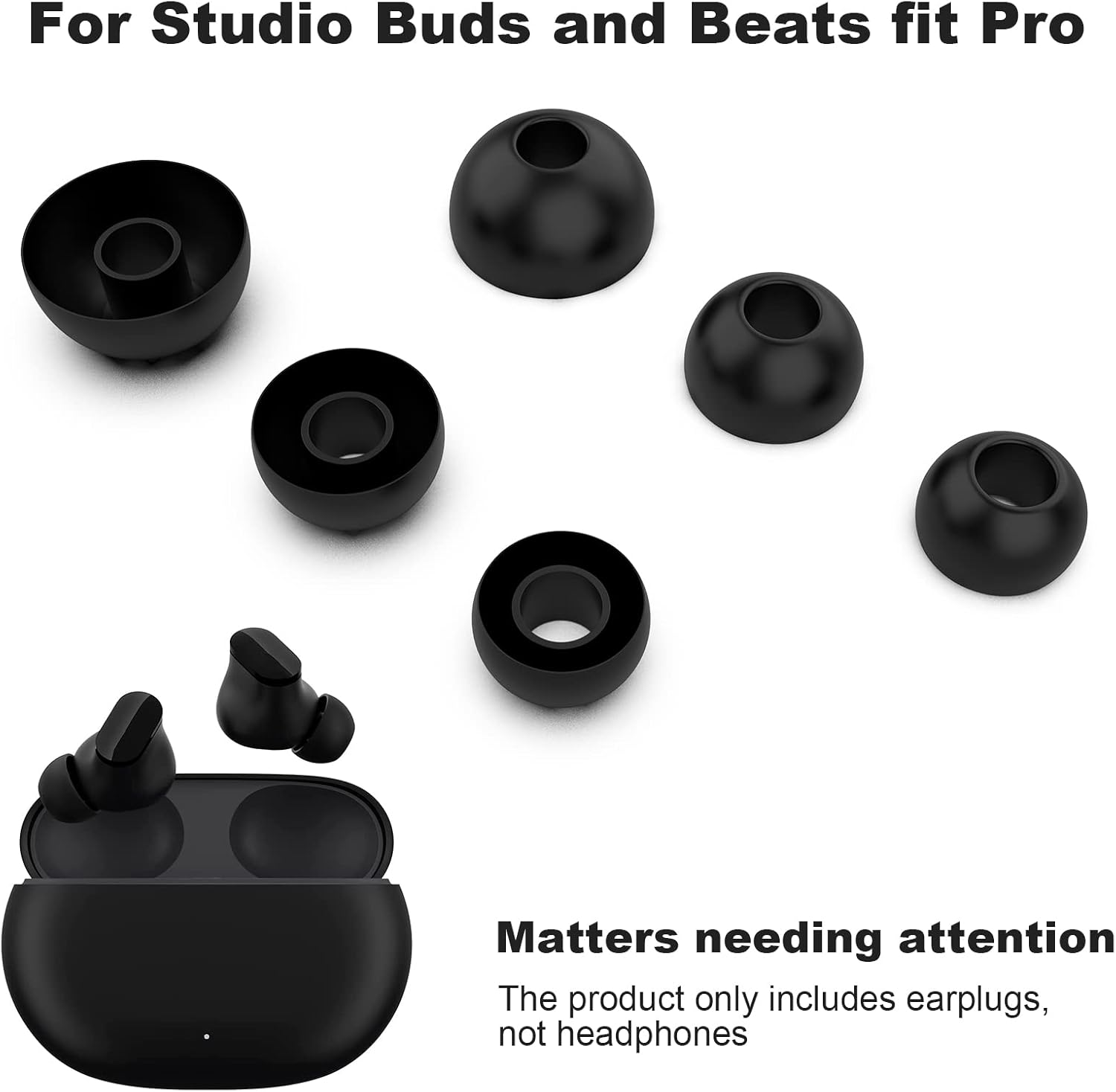 Replacement Silicone Ear Tips Compatible with Beats Fit Pro & Beats Studio Buds, Soft Eargels Earbuds Covers, 3 Pairs (S/M/L) (Black) - Black image number 3