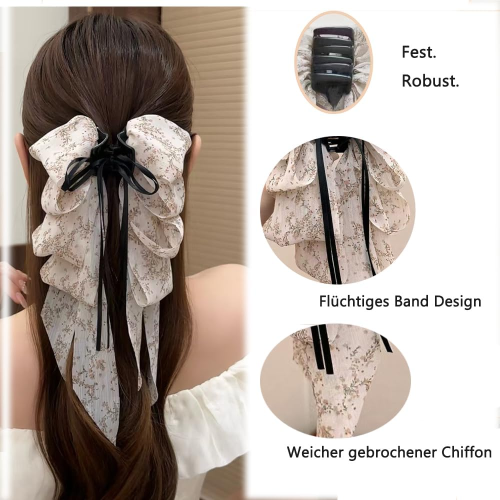Large Bow Hair Clips with Long Ribbon Soft Broken Chiffon Ponytail Holder Shape for Women (Pack of 1) image number 2