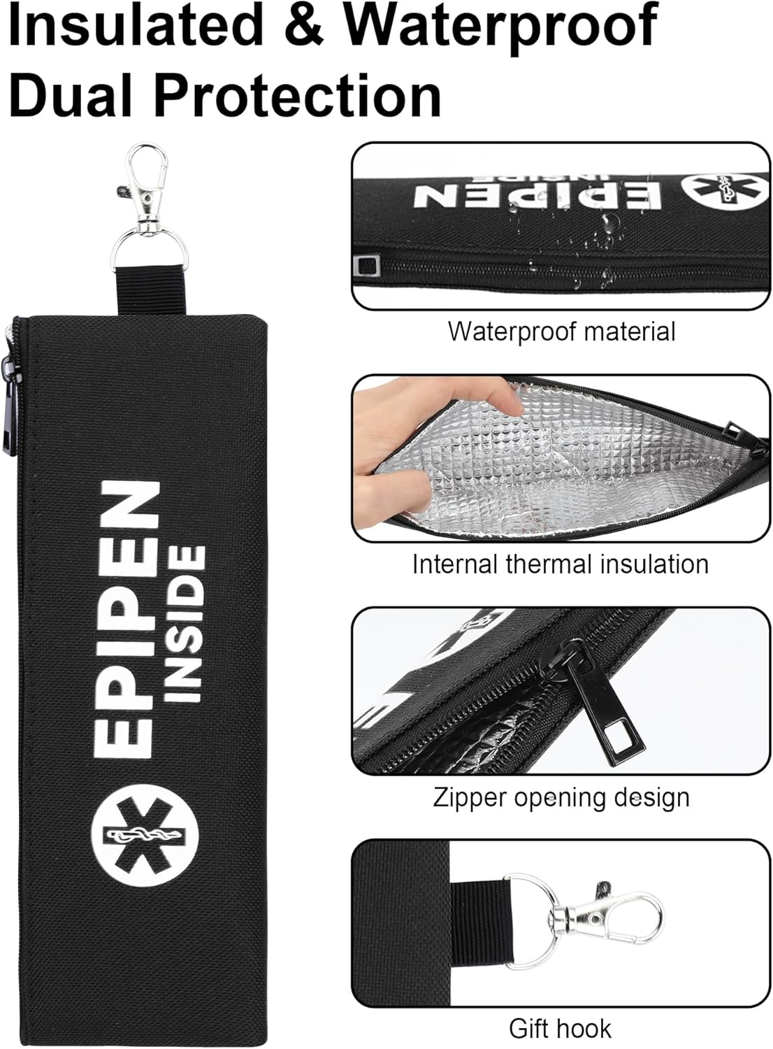 YOUSHARES Epipen Carry Case for 2 Epipens Insulated, Portable Epipen Holder Bag with Carabiner, Waterproof Travel Epipen Case for Allergies, Asthma, Sports & Outdoor Emergencies(Black) image number 5