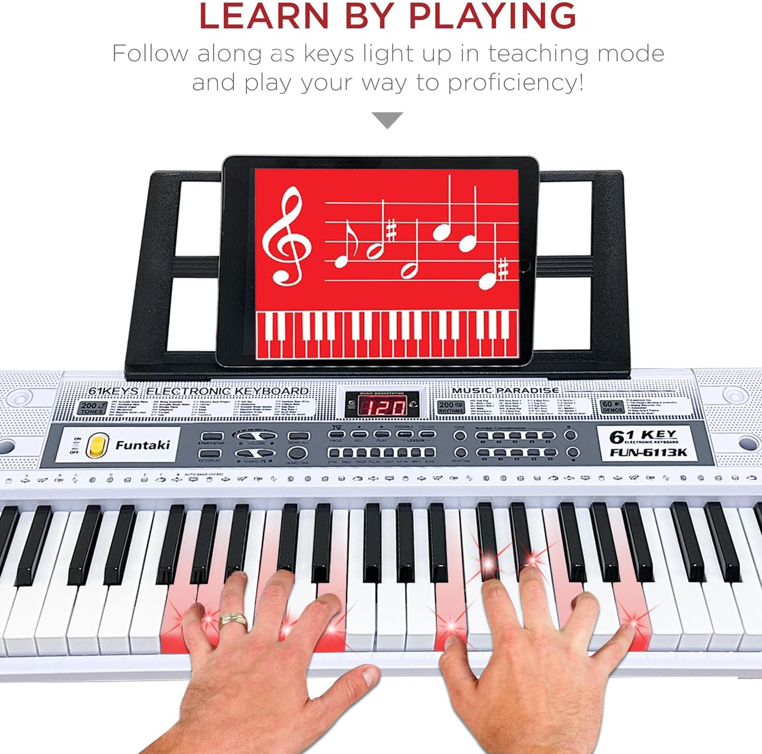 Funtaki 61 Key Electric Piano Keyboard with Lighted Keys, Digital Portable Synthesizer Keyboards with Stand, Mini Music Keyboard Pianos for Beginners Kids Adults, White image number 2