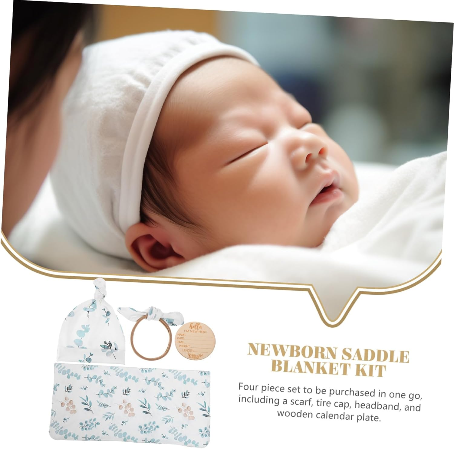 Newborn Swaddle Blanket with Hat Headband Soft Polyester Boy Girl Receiving Blanket with Name Sign Eucalyptus Leaves Design for Photography And image number 3
