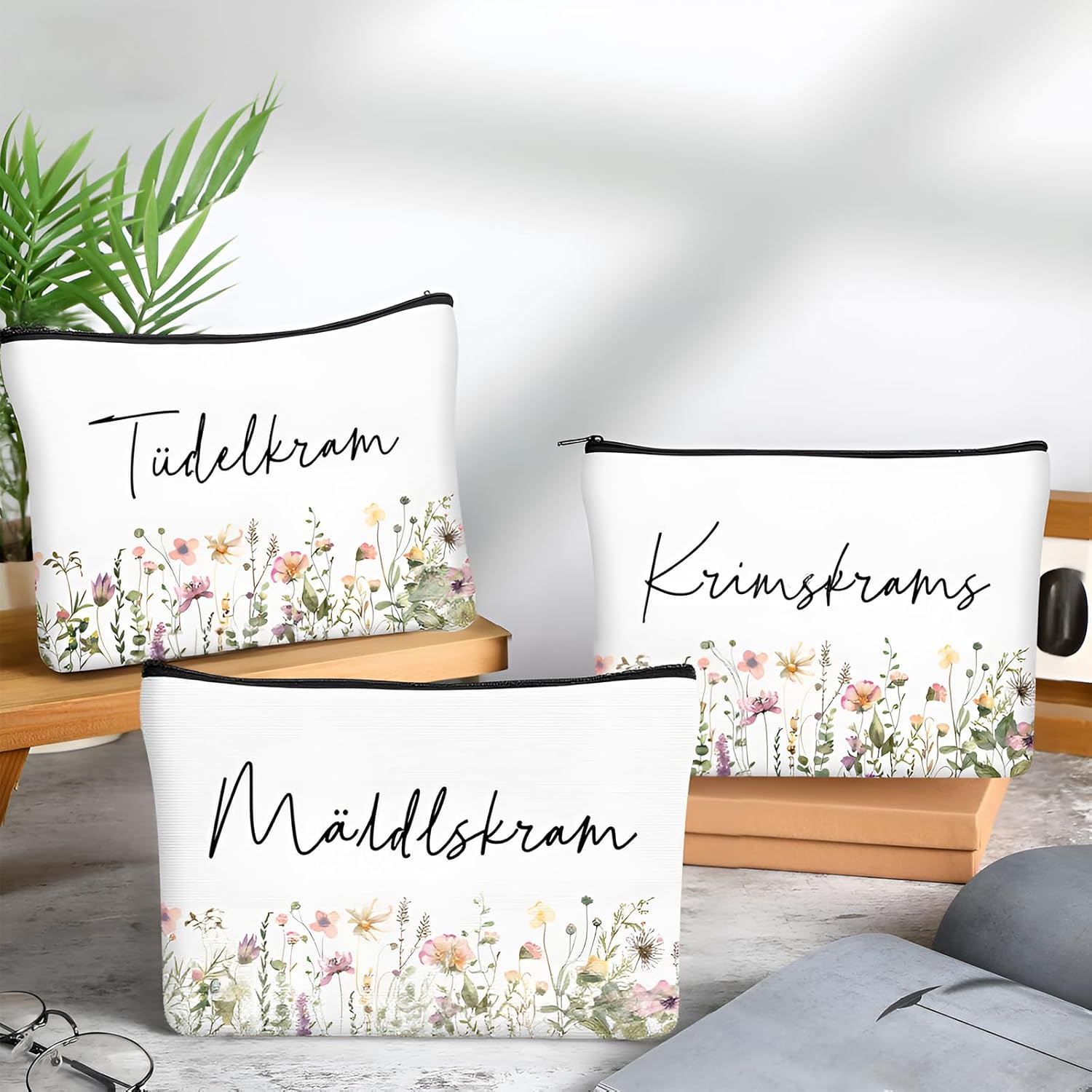 Geiserailie 3 Pieces Trousse De Maquillage Petite Trousse De Toilette Avec Inscription Zipp&eacute;e Portefeuille De Voyage Pour Femmes Et Filles, Flowers, Flowers image number 4