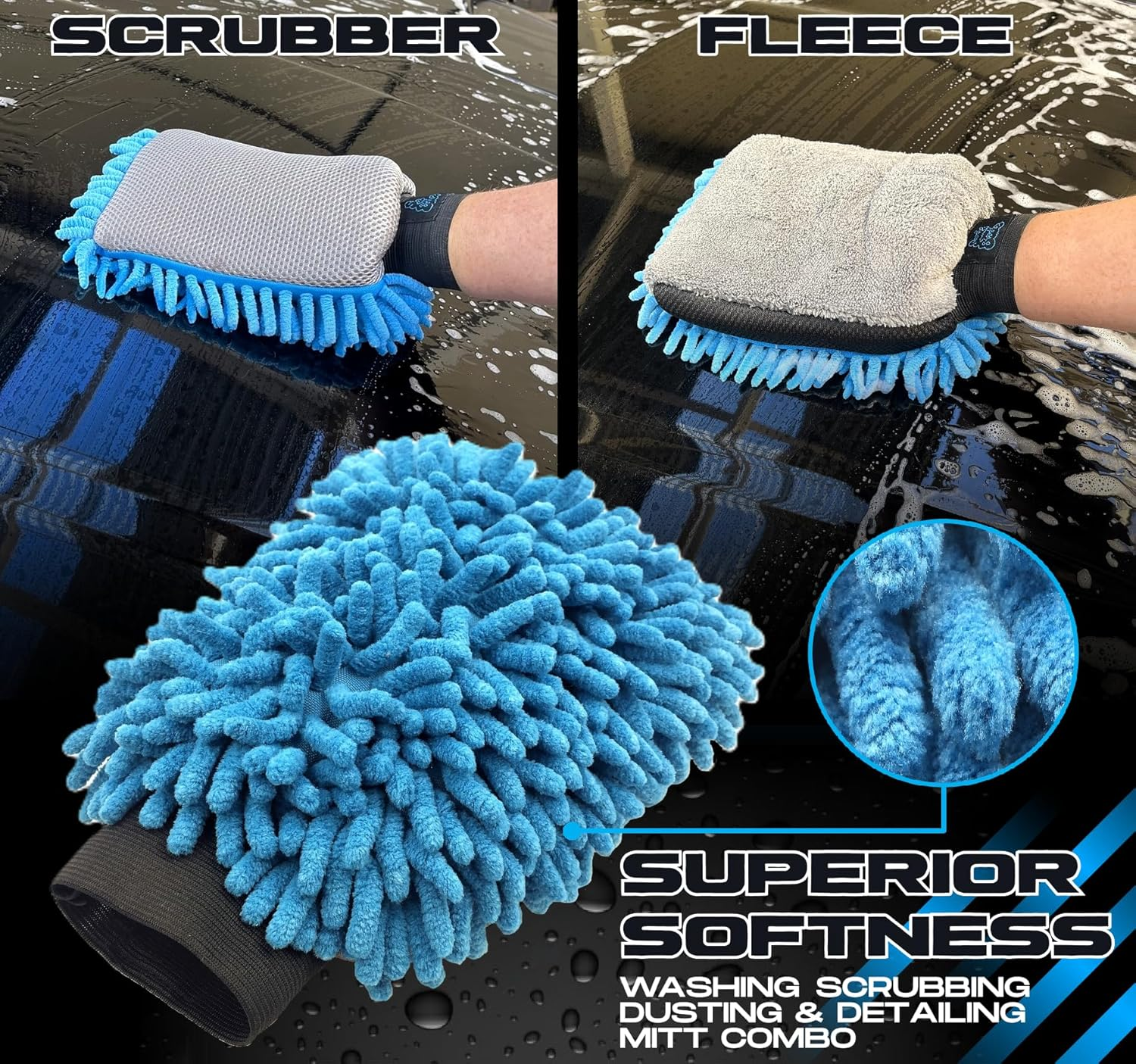 Premium Microfibre Chenille Car Washing Mitt 2 Pack | 2-In-1 Double-Sided Scrubber and Fleece Mitts. Soft, Durable, No Scratch, Lint-Free Washing and Detailing for Exterior Car Care