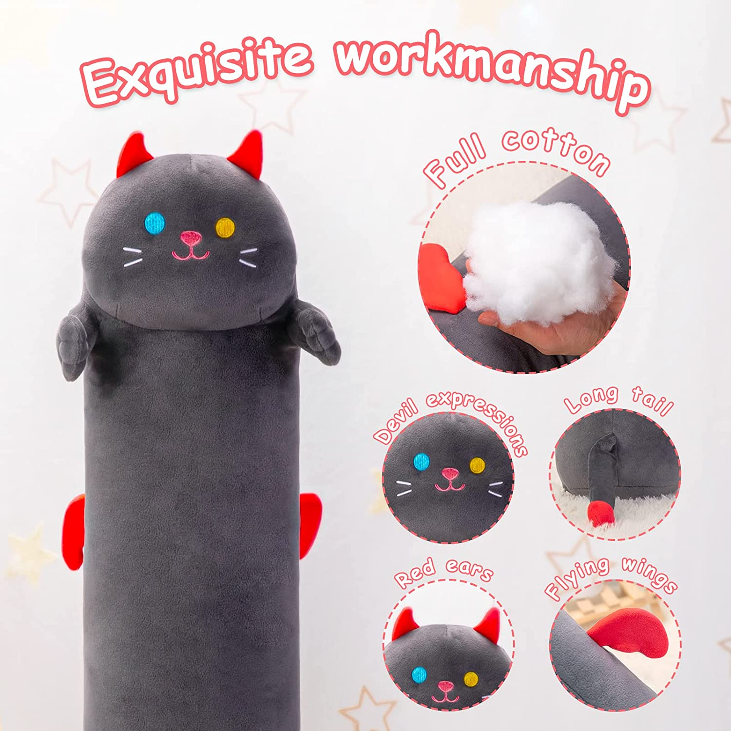 Mewaii Long Cat Plush Body Pillow, 28&rdquo; Cute Black Cat Stuffed Animals Kawaii Soft Plushies, Kitten Plush Pillow Doll Toy image number 2