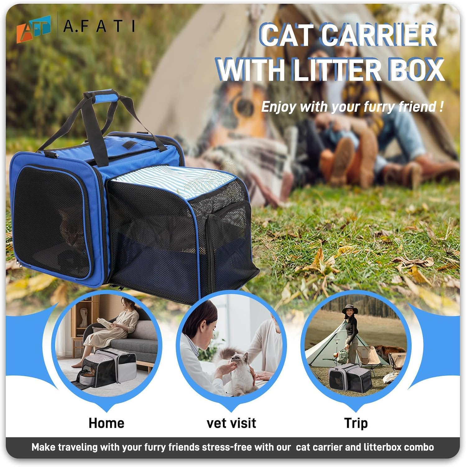 Cat Carrier with Litter Box, Expandable Cat Travel Carrier for Car with Bowl, Soft Sided Cat Carrier for Cats/Puppies up to 20 Lbs, Blue - Grey image number 2