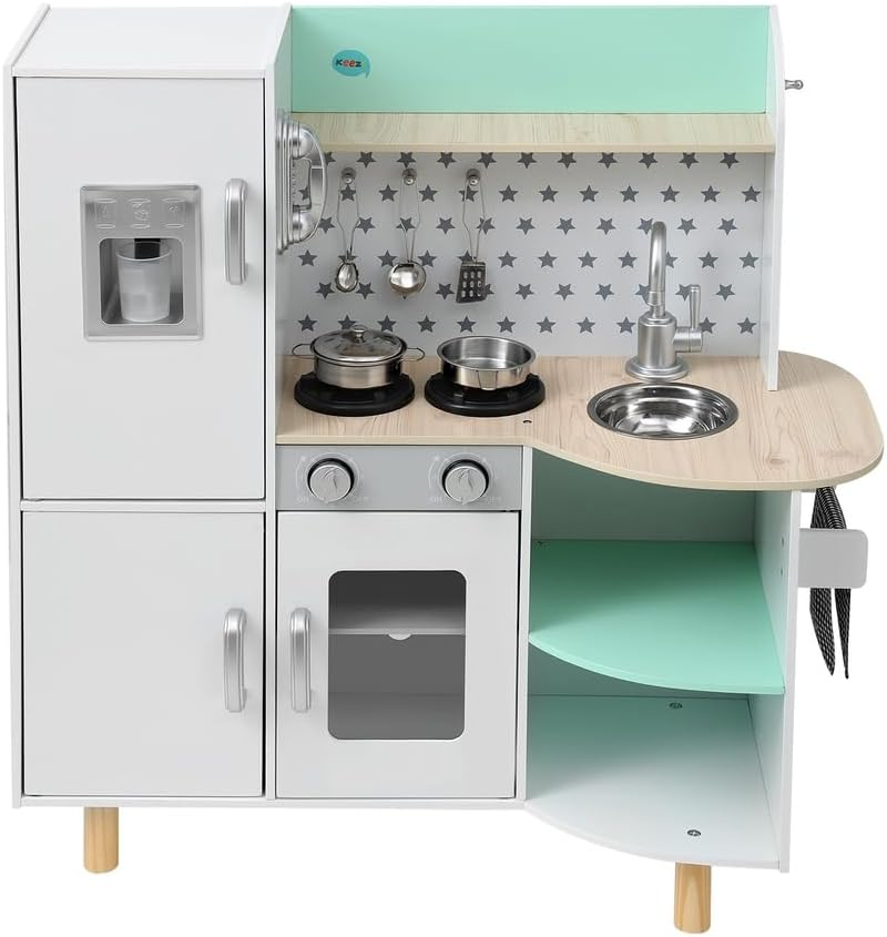 Keezi Kids Wooden Pretend Kitchen Play Sets Cooking Toys Oven Fridge 85CM Green image number 4