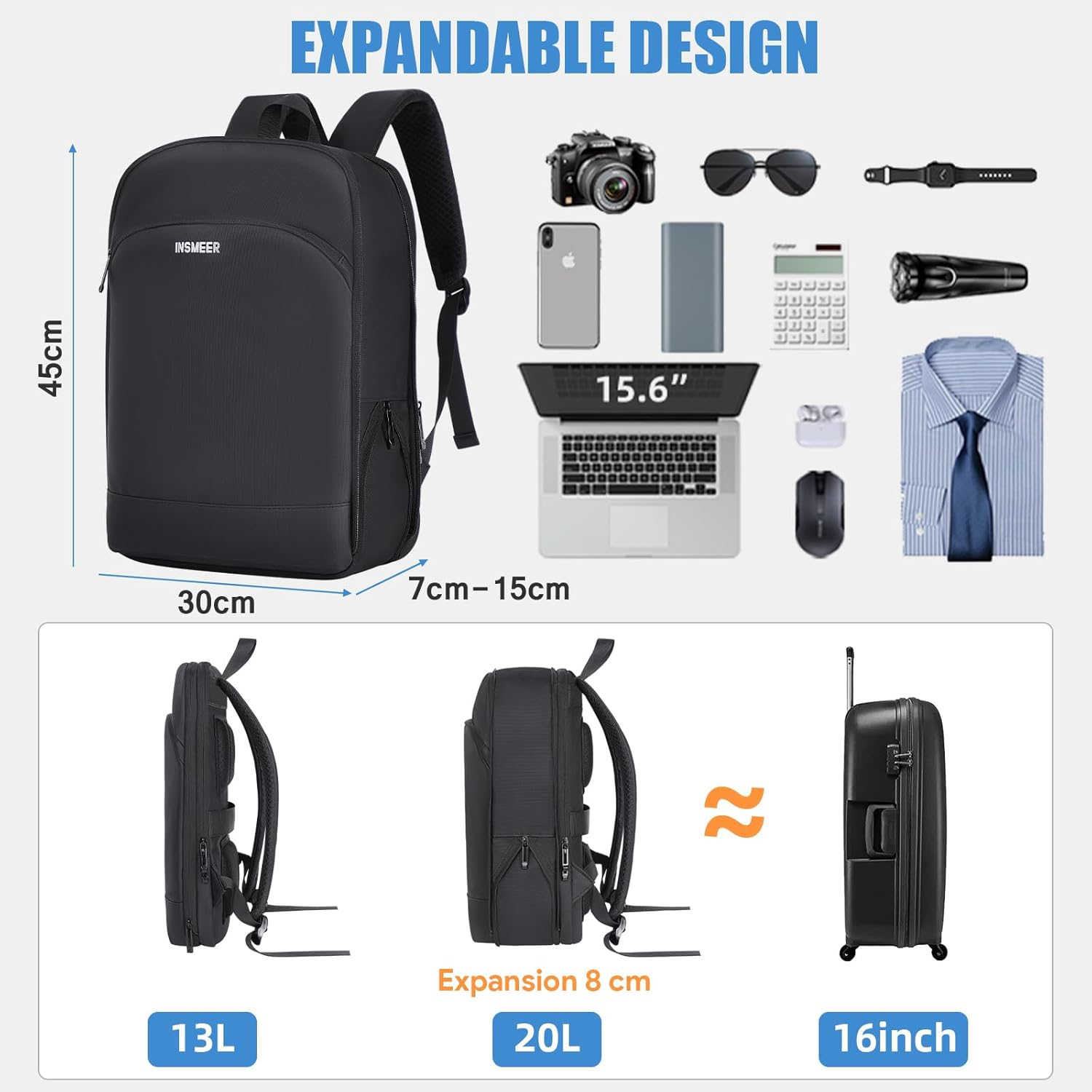 INSMEER Expandable Laptop Backpack for Men, Portable Computer Backpacks with Waterproof & Lightweight, Travel Backpack and School Bag for Business - 15.6 Inch Laptop Bag image number 2