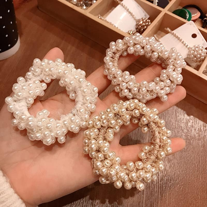 Pearl Hair Ties for Girls Women Elastic Pearl Scrunchie Non Slip Pearls Ponytail Holders for Thick Thin Hair Pearl Hair Accessories for Women Hair Tie Pearl Hair Band 3Pcs image number 4