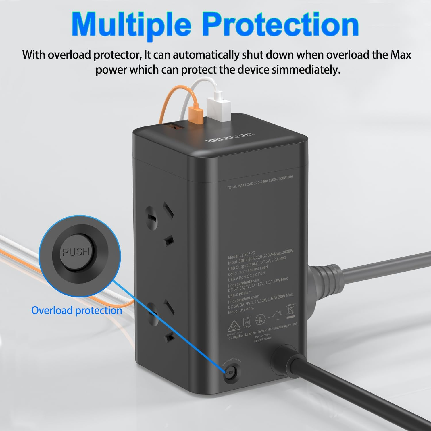 HITRENDS Tower Power Strip Surge Protector, 6 AC Outlets with 2 USB-A Ports and 1 USB-C Ports, 1.6 M Extension Cord, Power Board Tower for Home, Office, School, RCM Certified image number 5