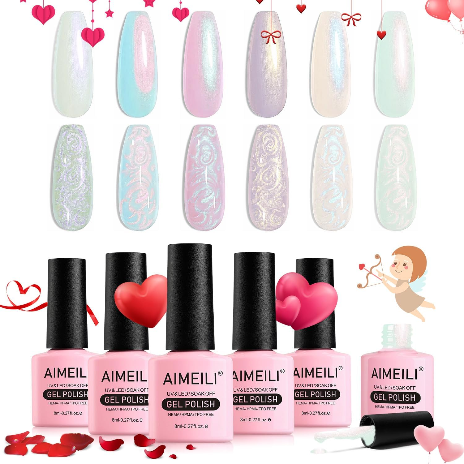 AIMEILI 8 in 1 Builder Nail Gel Set, 6Pcs Sheer Color Hard Gel Builder Base Nail Strengthening Gel Nail Extension False Nail Tips Glue Gel in a Bottle, UV LED Gel Polish 8ML Kit 35 Cruelty-Free & Vegan