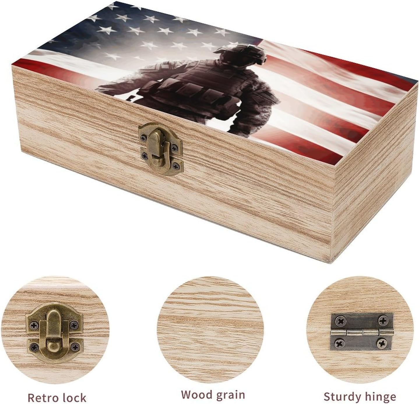 American Soldier Wooden Box Wood Wedding Keepsake Boxes with Lids Small Decorative Boxes Lightweight Wooden Memory Storage Box for Crafts Keepsakes Jewelry Photo Letter Storage image number 1