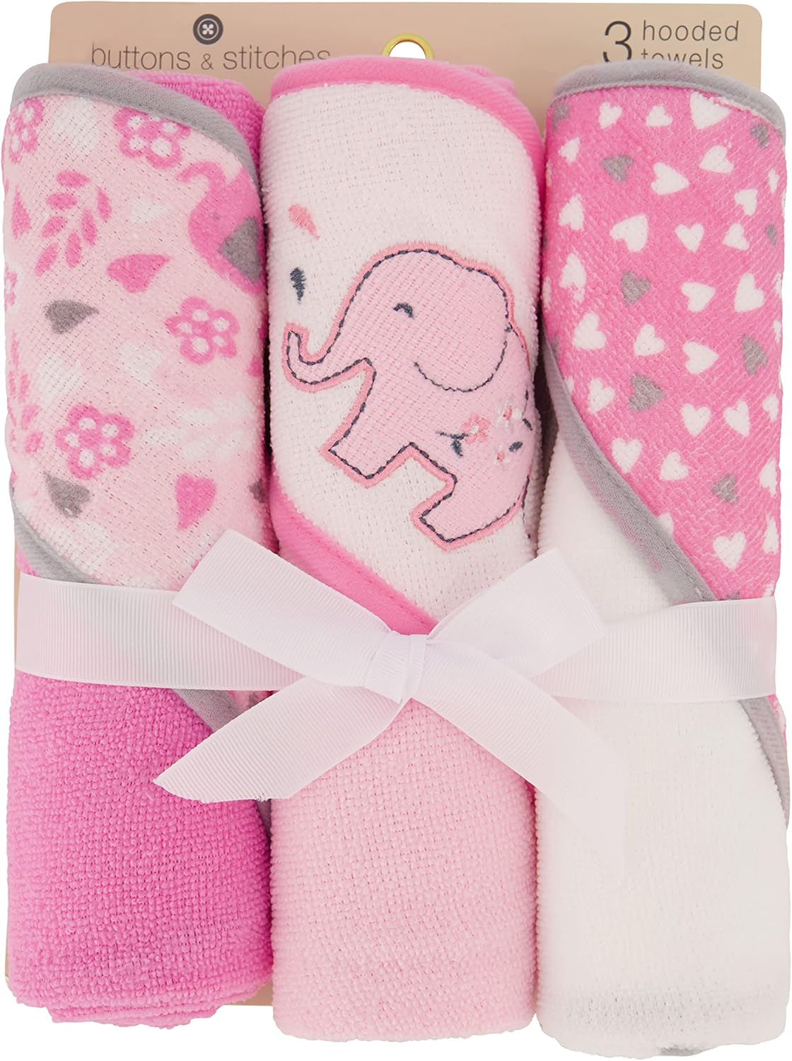 Cudlie Buttons & Stitches Baby Girl 3 Pack Rolled/Carded Hooded Towels in Blooming Elephant Print, GS71729 image number 6