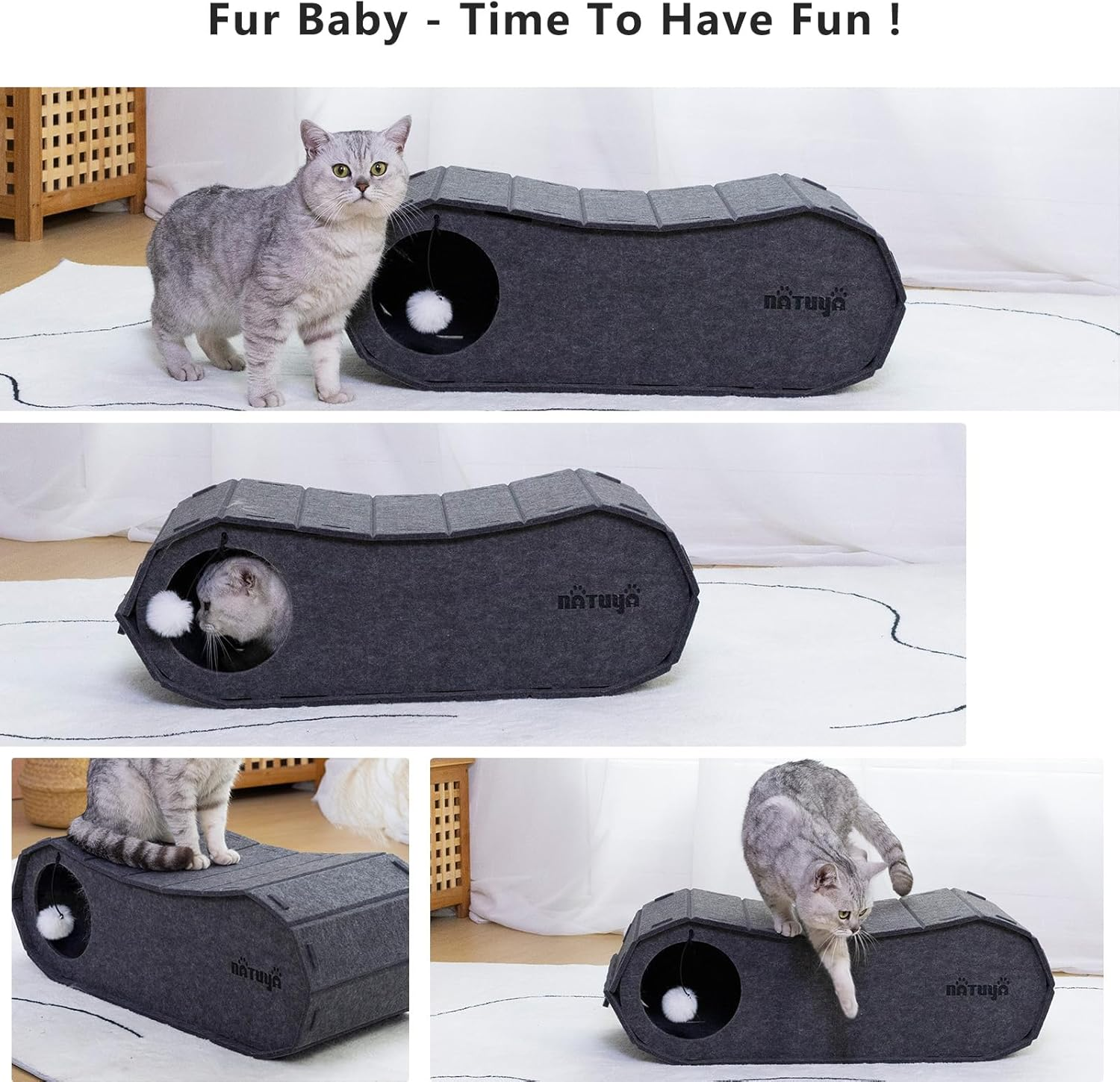 NATUYA Cat Scratching House,Cat Cave Bed for Indoor Cats, Cat Tunnel House for Multiple & Large Cats up to 10KG, Scratch Resistant Felt Cat Caves, Foldable Cat Hideaway Bed (70 X 29 X 24Cm，Black) image number 1