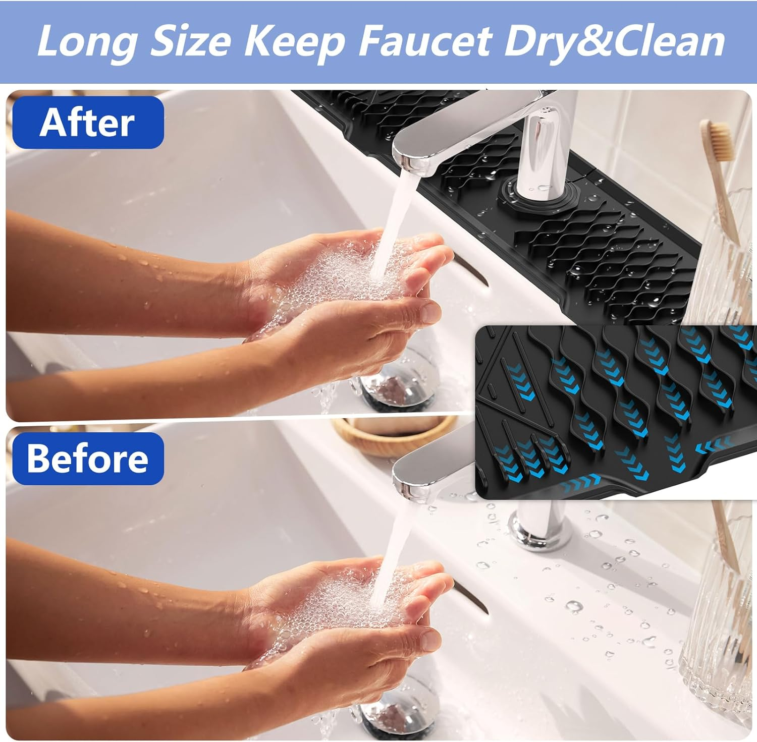 61CM Long Sink Splash Guard Mat, Faucet Handle Drip Catcher Tray, Countertop Dish Drying Mats Kitchen Sink Black image number 2
