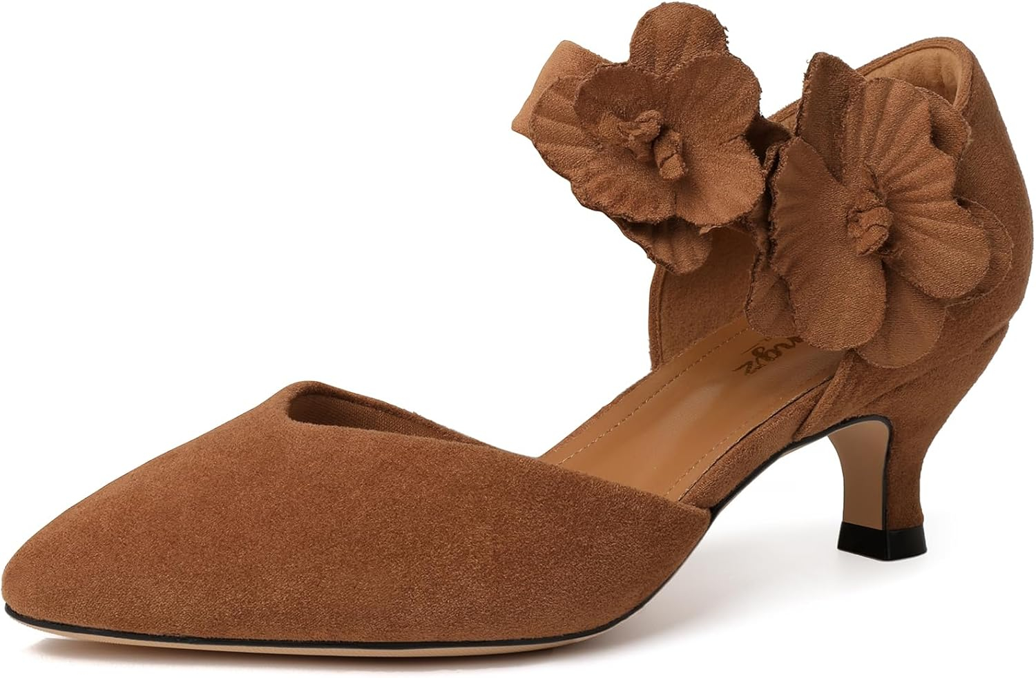 RIBONGZ Women'S Low Kitten Heel Pumps Comfortable Pointed Toe Dress Shoes Flower Strap Slip on Dressy Heels for Wedding Dancing Party Office Work