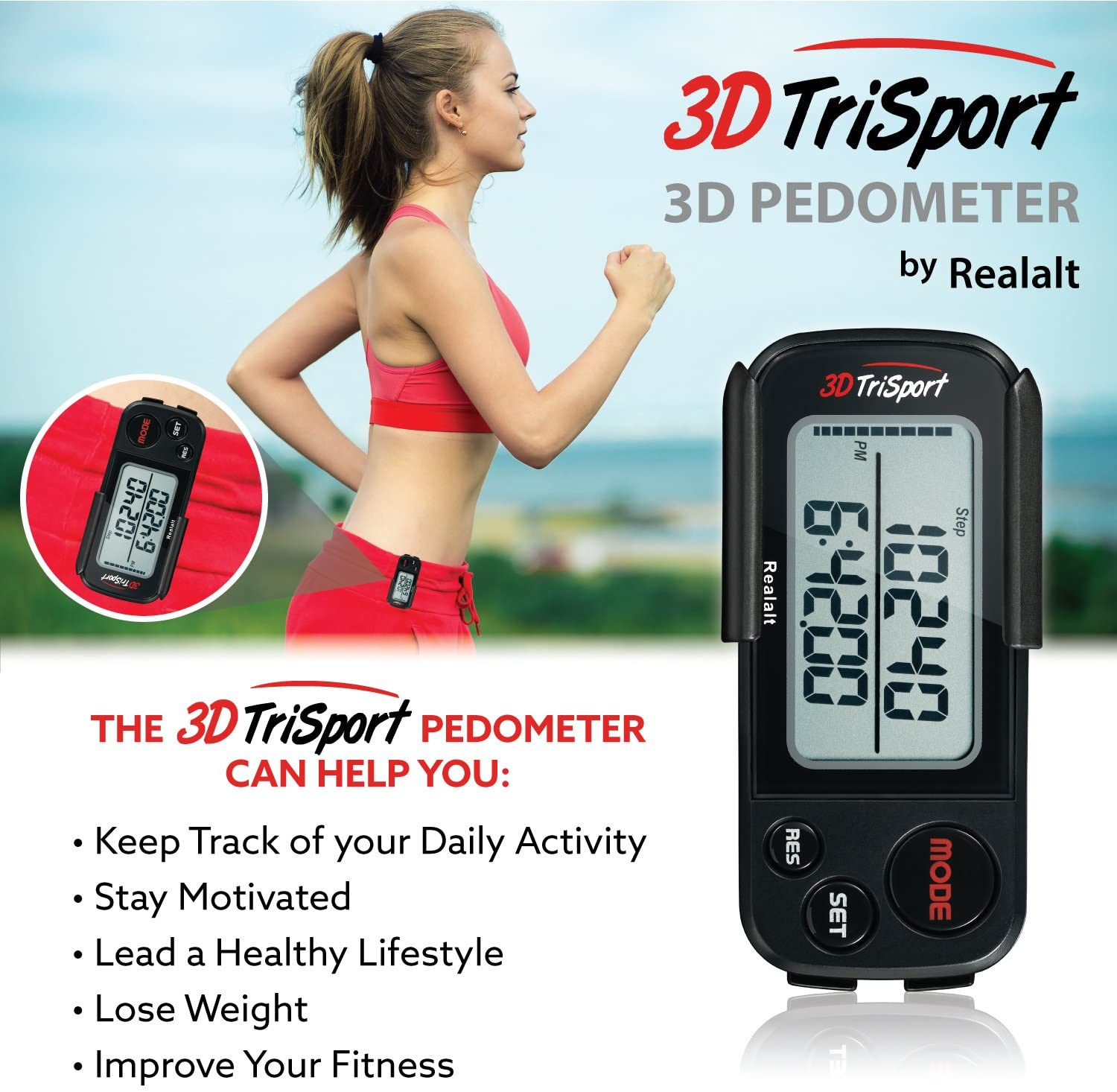 3Dtrisport Walking 3D Pedometer with Clip and Strap, Free Ebook | 30 Days Memory, Accurate Step Counter, Walking Distance Miles/Km, Calorie Counter, Daily Target Monitor, Exercise Time. image number 1