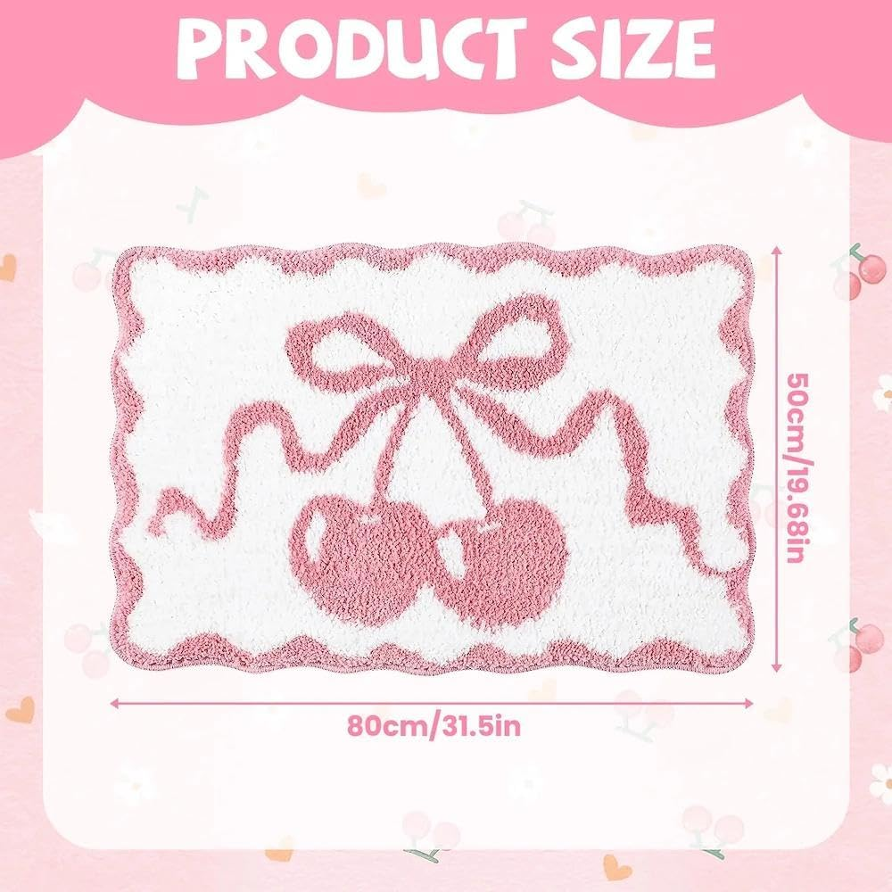 Cherry Bathmat, Non-Slip Bath Mat with Pink Cherry Design, Fluffy Faux Cashmere Bath Rug, Absorbent Pink Bath Mat for Bathroom & Kitchen, Machine Washable image number 2