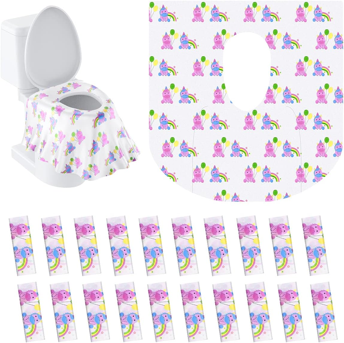 Paperkiddo 20 Pack Disposable Toilet Seat Covers Pink Unicorn Design Waterproof Potty Training Seat Cover Set Extra Large Perfect for Kids and Adults Individually Wrapped for Travel and Home