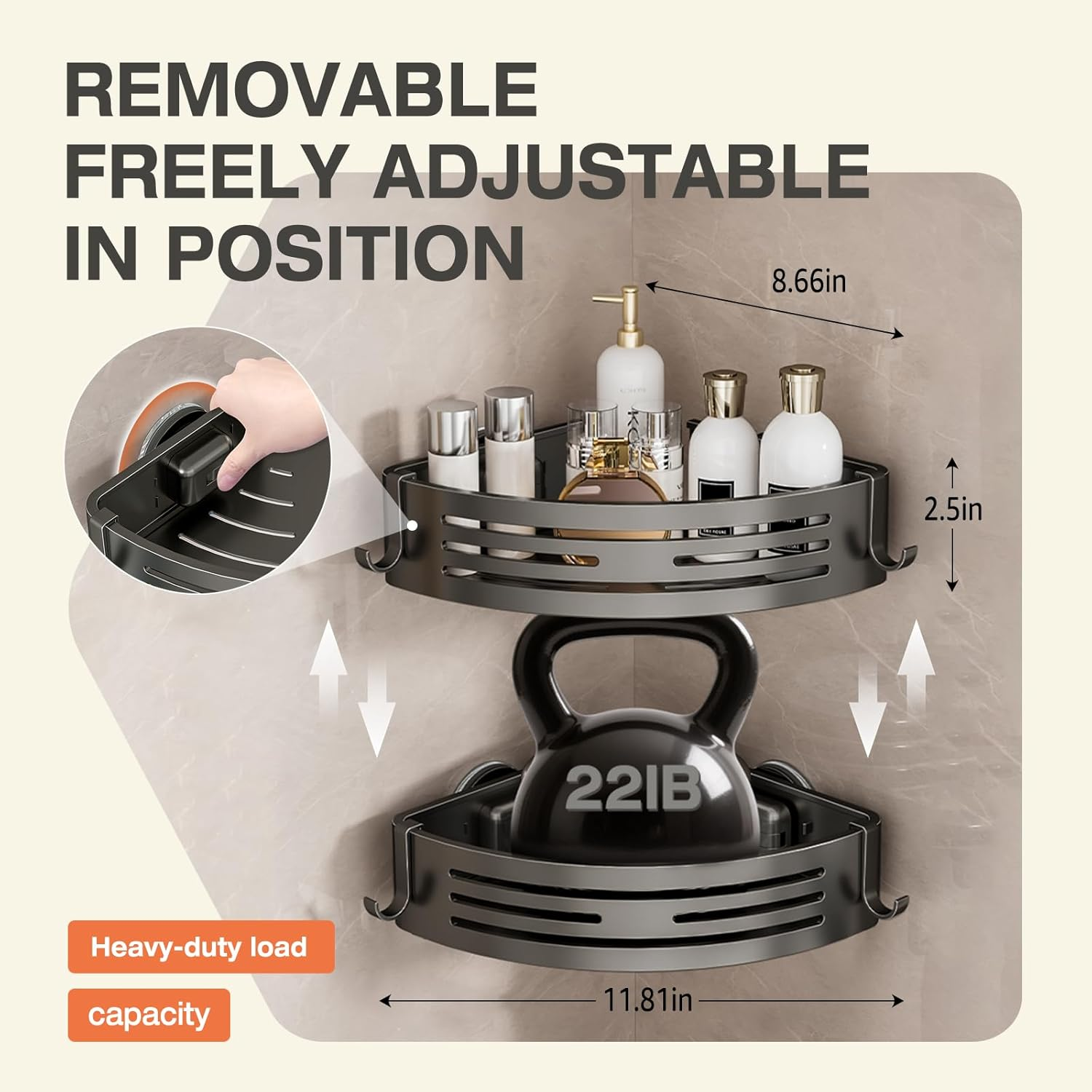 Lekesky Shower Shelf No Drilling Corner with Towel Rail - Strong Suction Cups, Removable, Aluminium & Rustproof - Bathroom Shelf Shower Shelf for Bathroom, Kitchen & Rental Apartment (Set of 2