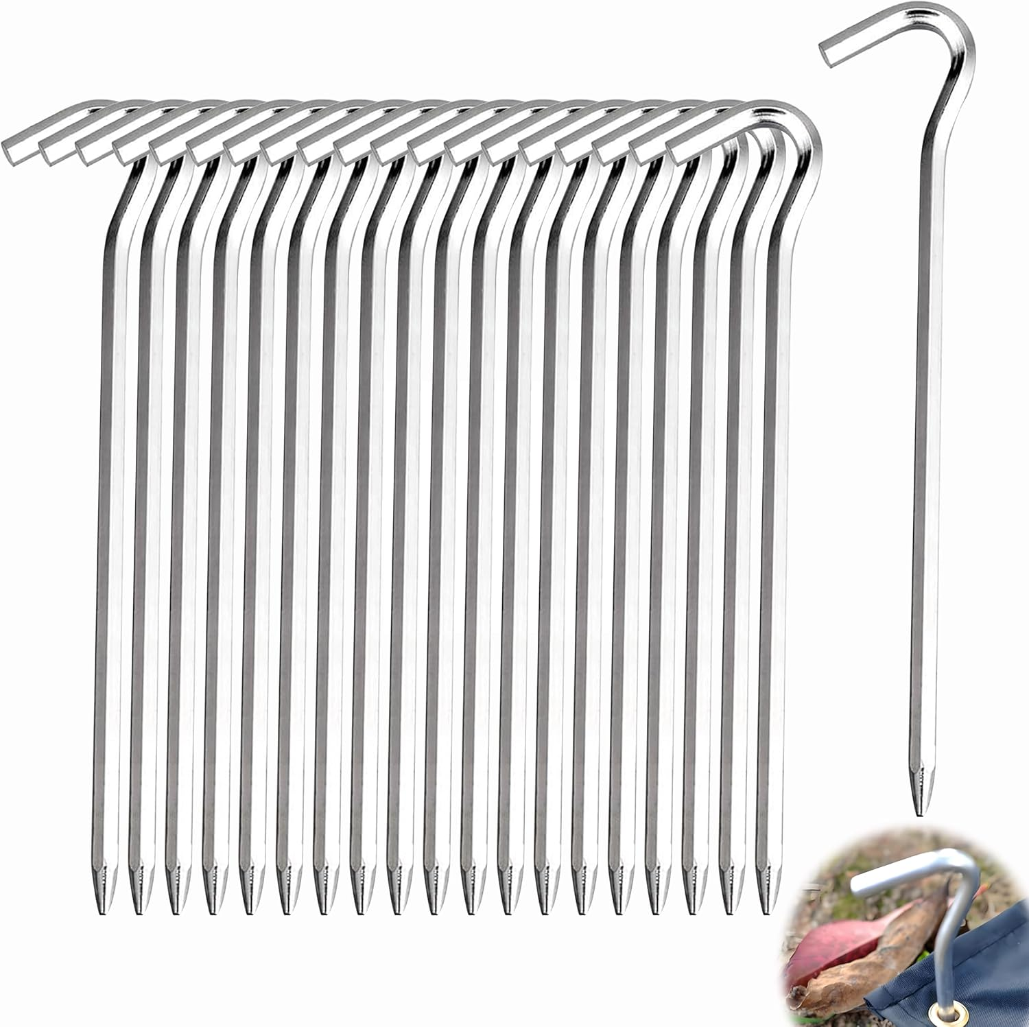 Wzenclave 20Pcs Heavy Duty Aluminium Tent Pegs, 7Inch Galvanized Metal Tent Stakes with Hook for Camping, Garden, Fence - Silver (Betterjonny) image number 6