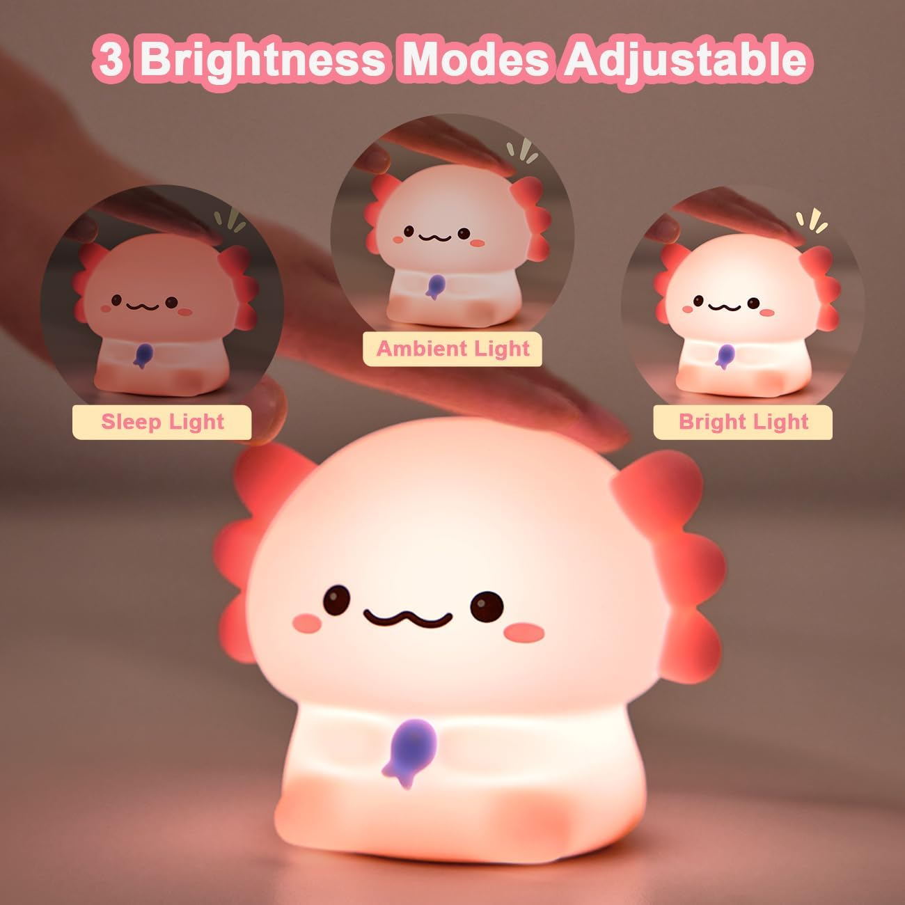 Cute Night Light, LED Squishy Novelty Animal Night Lamp, Silicone 3 Level Dimmable Nursery Nightlight for Desk Decor, Funny Gifts Stuff for Boys Girls Baby, White Elephant Gifts (Axolotl Sit) image number 4