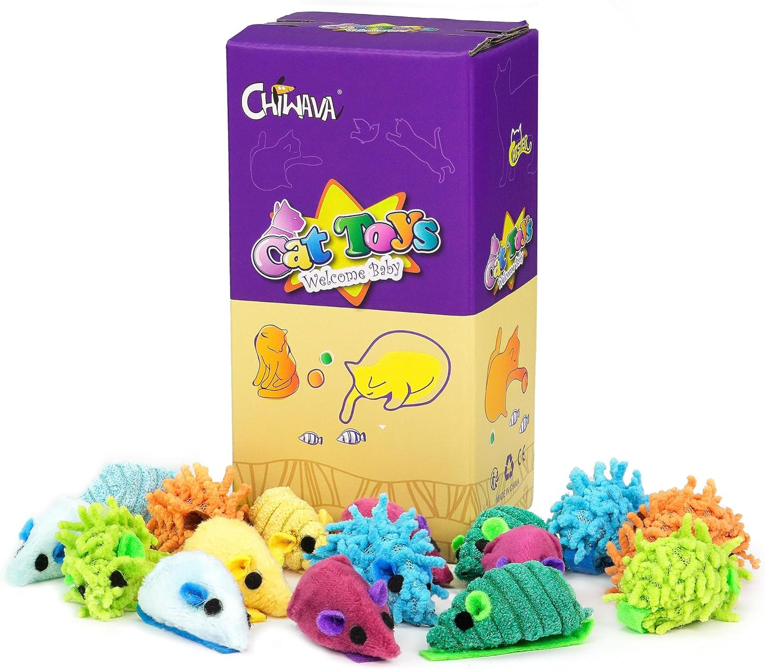 CHIWAVA 27PCS 2" Striped Shaggy Cat Toy Mice with Rattle Assorted Small Mouse Interactive Play for Indoor Cats Mix Color image number 5