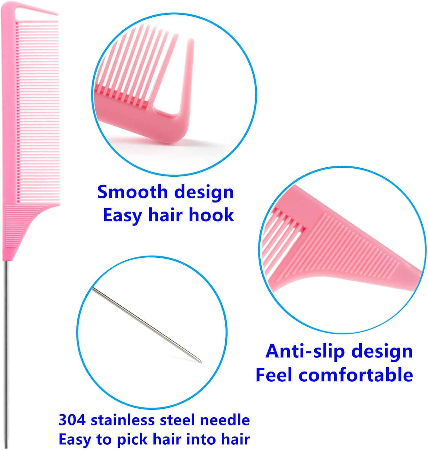 Hair Styling Tool Set, 9 Pieces - 2 Combs, 1 Pick, 4 Tail Combs, Purple and Pink image number 3