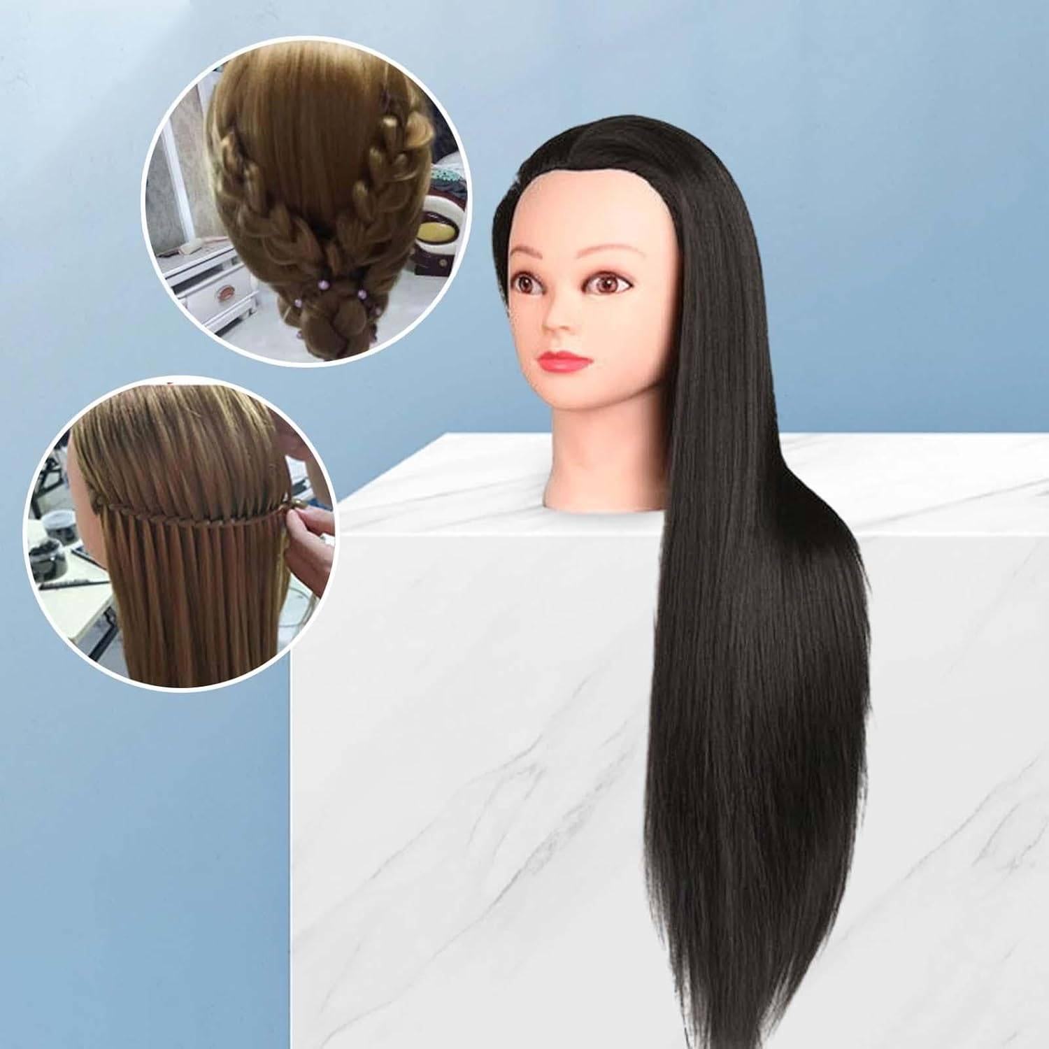Amagogo Hair Training Head Mannequin Manikin Head Synthetic Fiber Hair Long Hair for Cutting Cosmetology School Students Barber Shop Hair Stylist, Black with Makeup image number 5