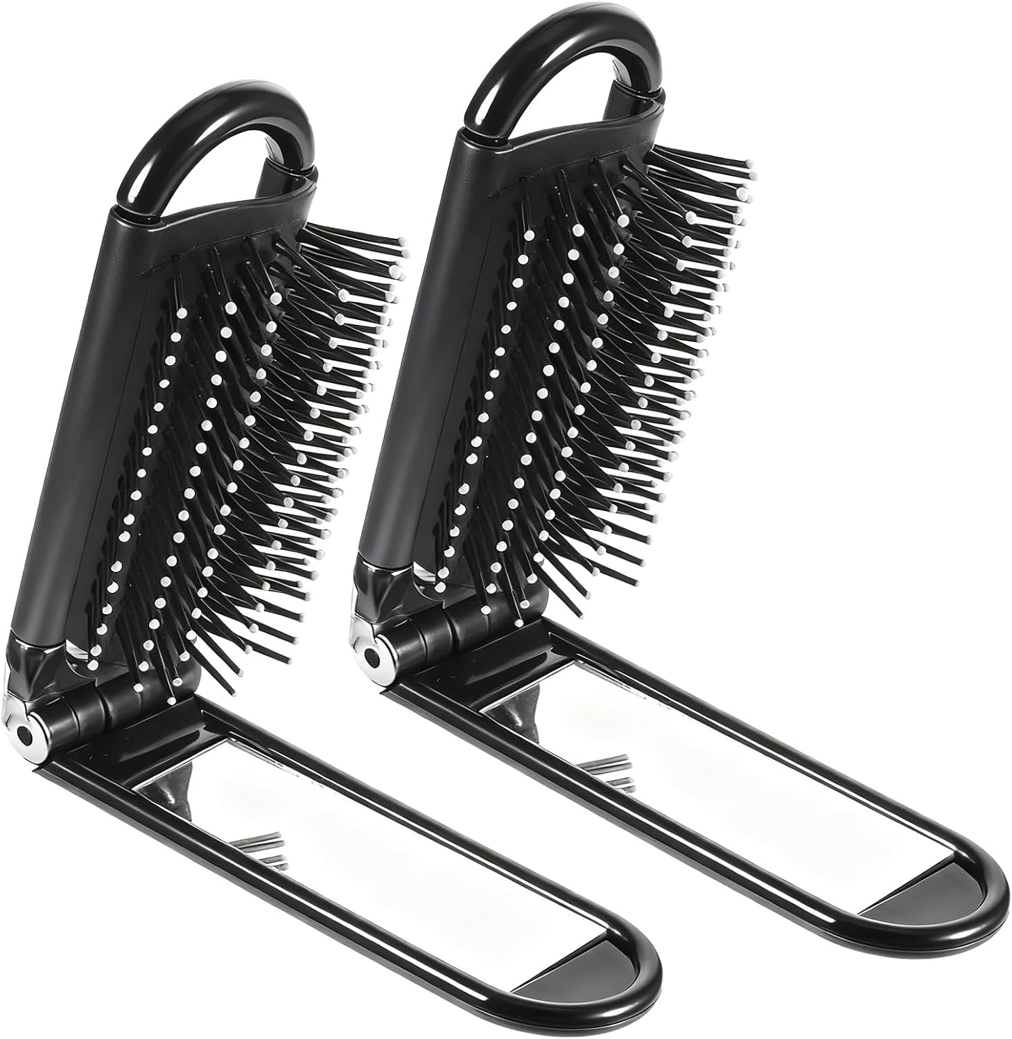 Folding Hair Brush with Mirror, 2 Pcs Portable Travel Brush for Women Pocket Size Anti-Static Mini Hairbrush Compact Massage Comb Hair Styling Tools for Women Girls Home Travel Gym Purse (Black)