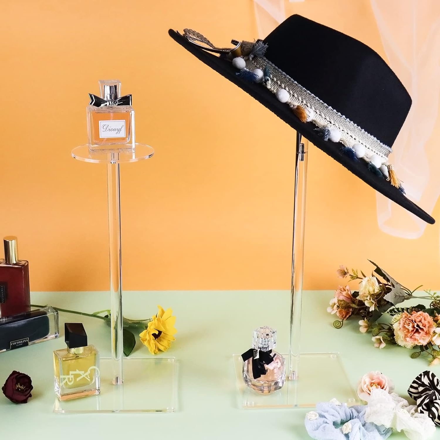 Acrylic Hat Stand and Wig Display Rack, 2Pcs 17" Clear Hat Stands for Display, Adjustable Height Hat Holder, Square Barbell Base Display, Hat Rack Stand for Display Jewelry Watch Helmets image number 6