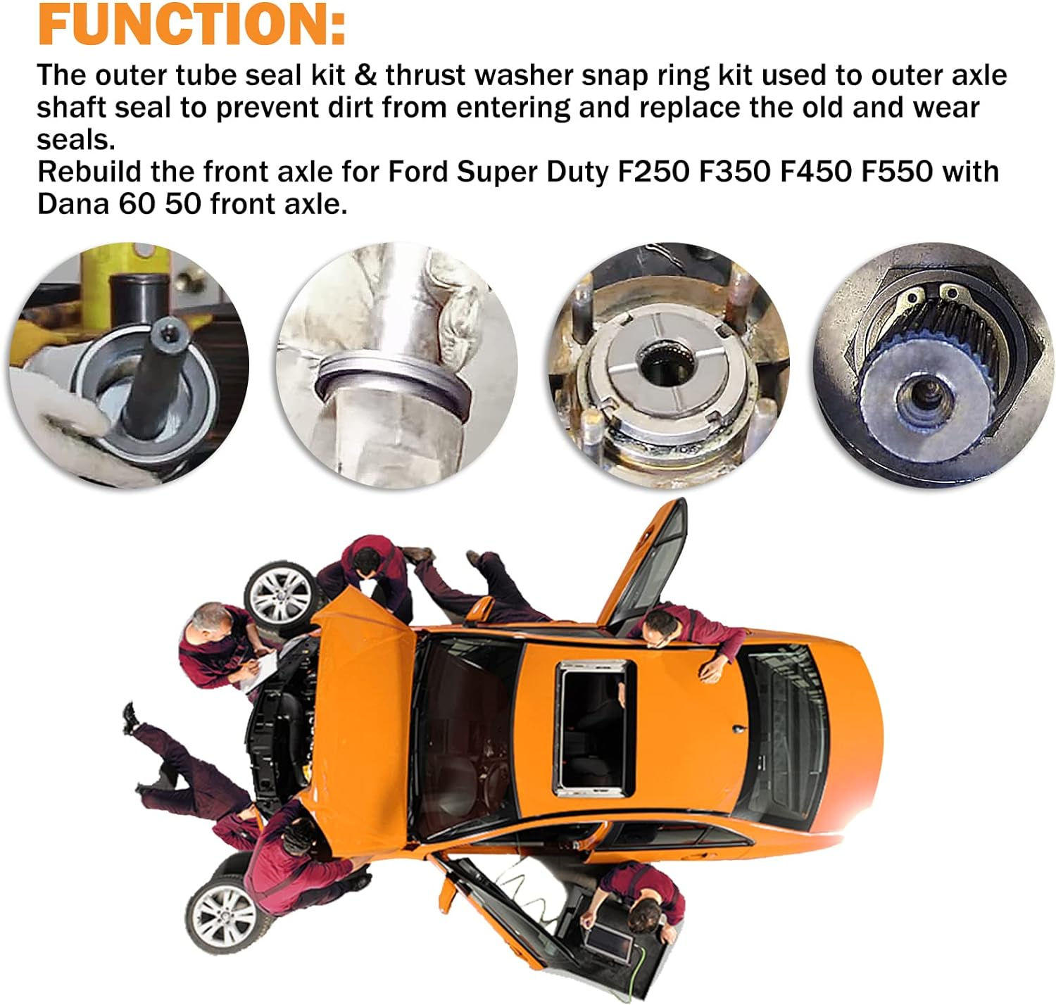 Axle Bearing Seal and Small Parts Kit for Ford 1998 1999 2000 2001 2002 2003 2004 F250 F350 Super Duty Excursion Dana50 60 Front Axle Knuckle Tube, Front Oil Seal Set with Leaf Spring Front Suspension image number 4