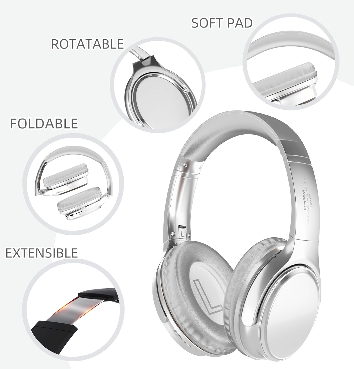 ND NEXT DESTINATION Wireless Bluetooth Headphones, Hybrid Headphones with Microphone and Hifi Stereo Sound, Wireless Over-Ear Headphones, Noise Cancelling, White image number 3