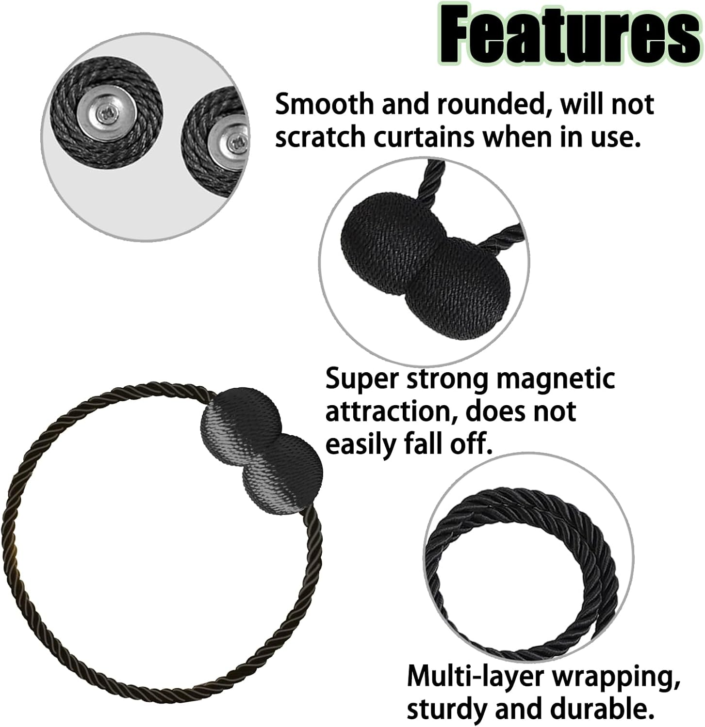 Magnetic Curtain Tiebacks Black 2Pcs - Stylish Holdbacks for Home & Office Decor - Durable Hooks for Bedroom & Outdoor Curtains - Convenient Clips for Easy Use image number 2