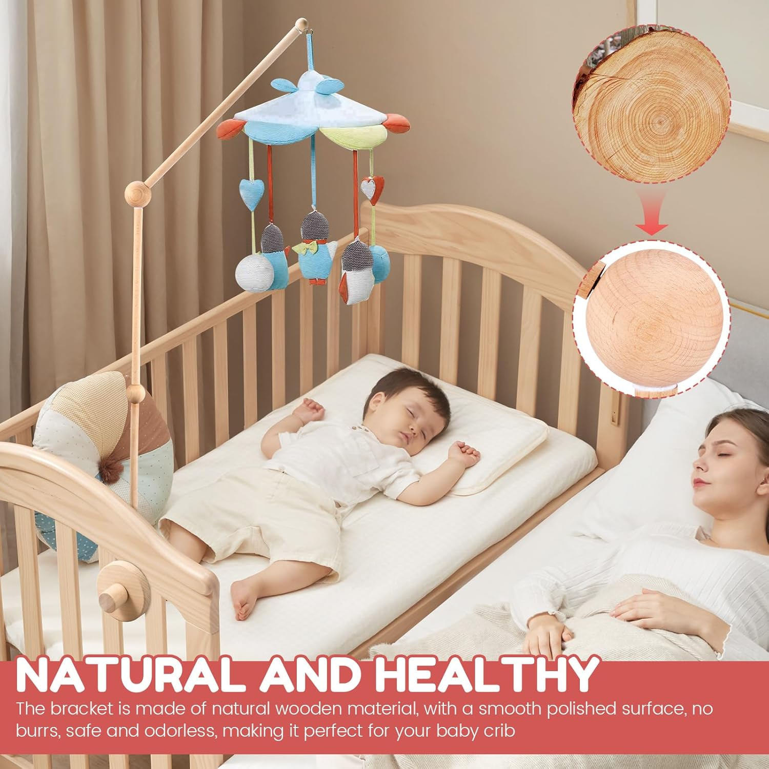 Crib Mobile Stand with Fixed Screw, Premium Smooth Wood Burr Free Widened Base Detachable Stand, with 360&deg; Rotatable Top, Baby Crib Mobile Arm for Home image number 6