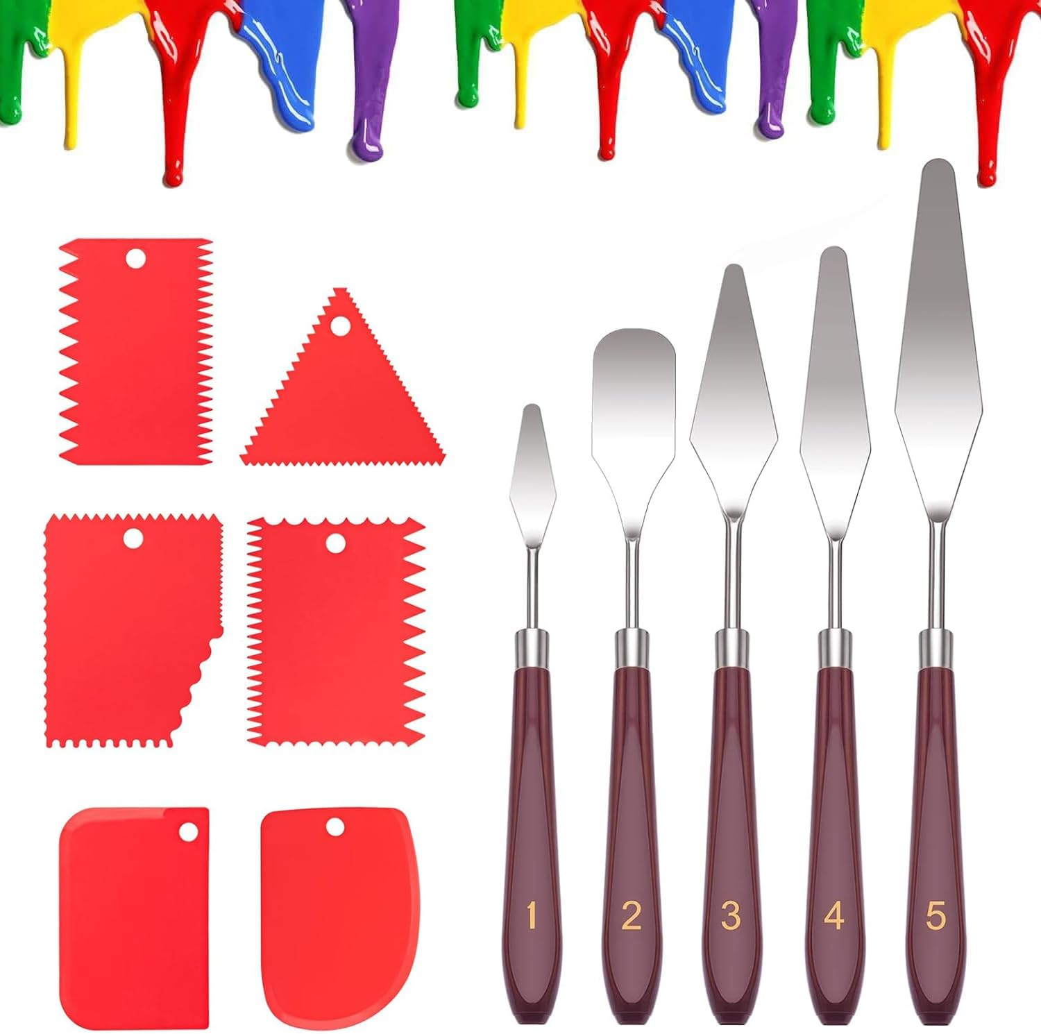 Fyvadio Palette Knife Set, 5Pcs Painting Knife Set with 6Pcs Plastic Scrapers, Pallet Knife, Mixing Scraper for Acrylic Art Palette Knives for Art Craft Painting image number 2