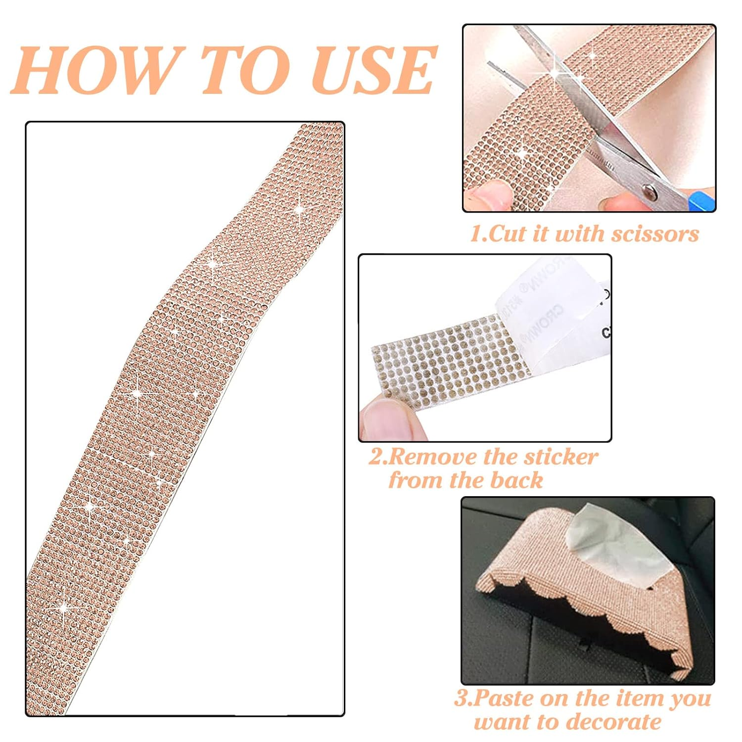 Self Adhesive Champagne Crystal Rhinestone Strips Diamond Ribbon Bling Gemstone Sticker Roll for Craft with 2 Mm Stones for DIY Arts, Wedding Party, Car Phone Decoration image number 2