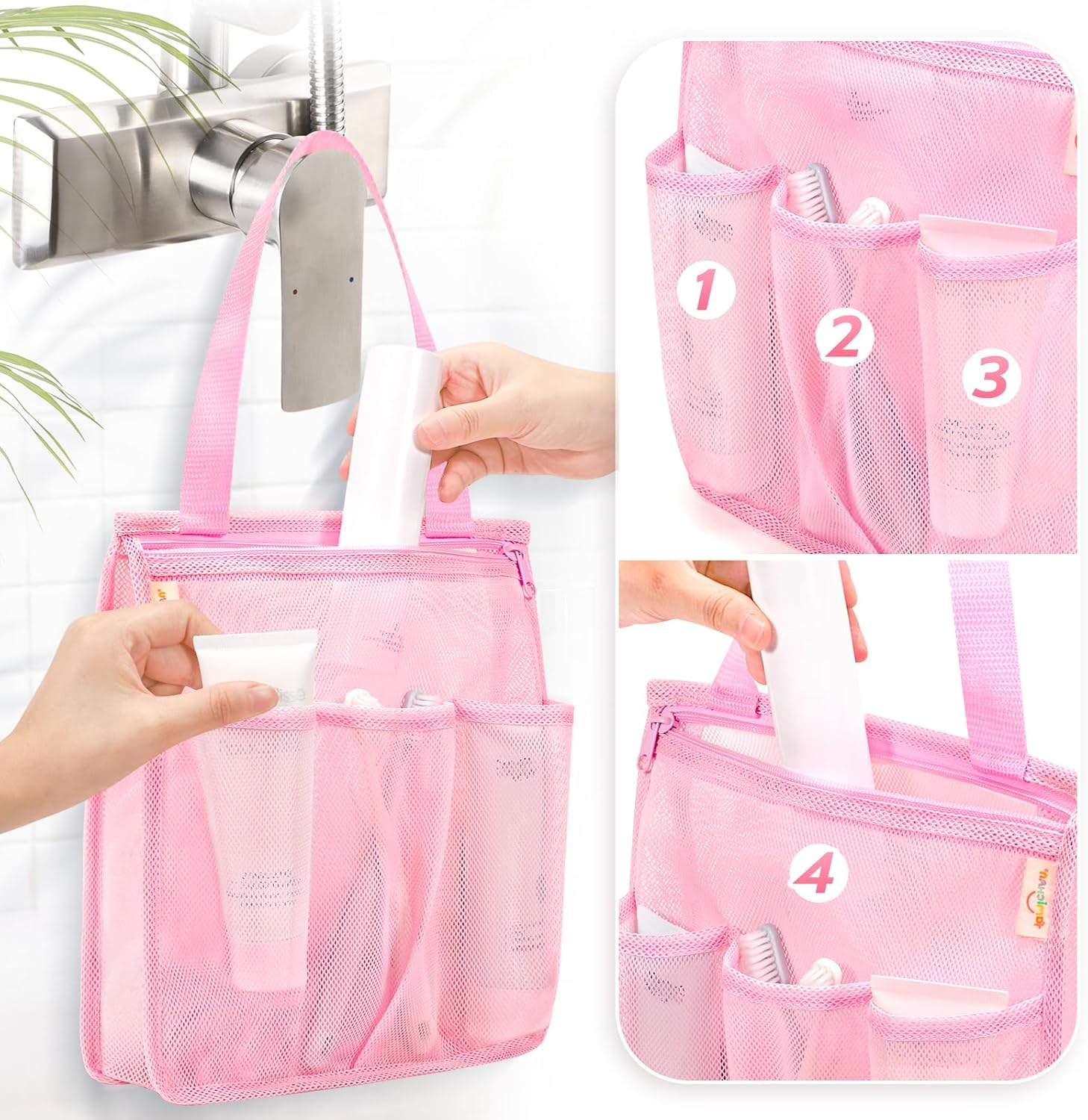 Famichan Mesh Shower Caddy Portable, Gym Travel Camp Dorm Room Essentials for Women and College Girl, Pink Bathroom Shower Bag image number 6