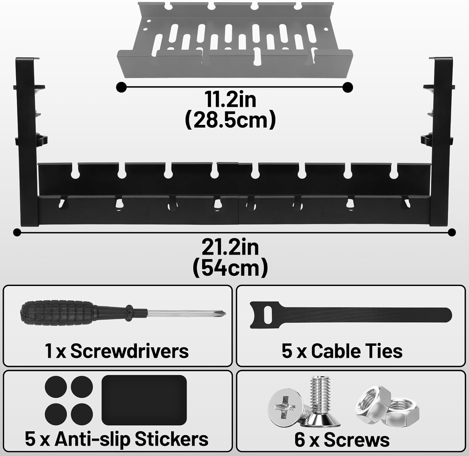 Extendable under Desk Cable Management Tray,11-21Inch Expandable Non-Drilled Metal Cable Management Tray with Desk Clamp,Cable Management Rack for Home Office Vertical Desk image number 3