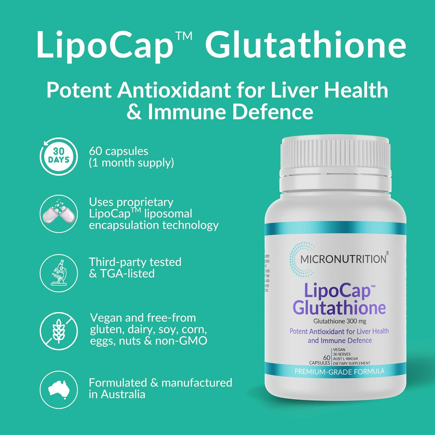 MICRONUTRITION Lipocap Glutathione, Glutathione 300 Mg, Potent Antioxidant for Liver Health and Immune Defence, 60 Vege Caps