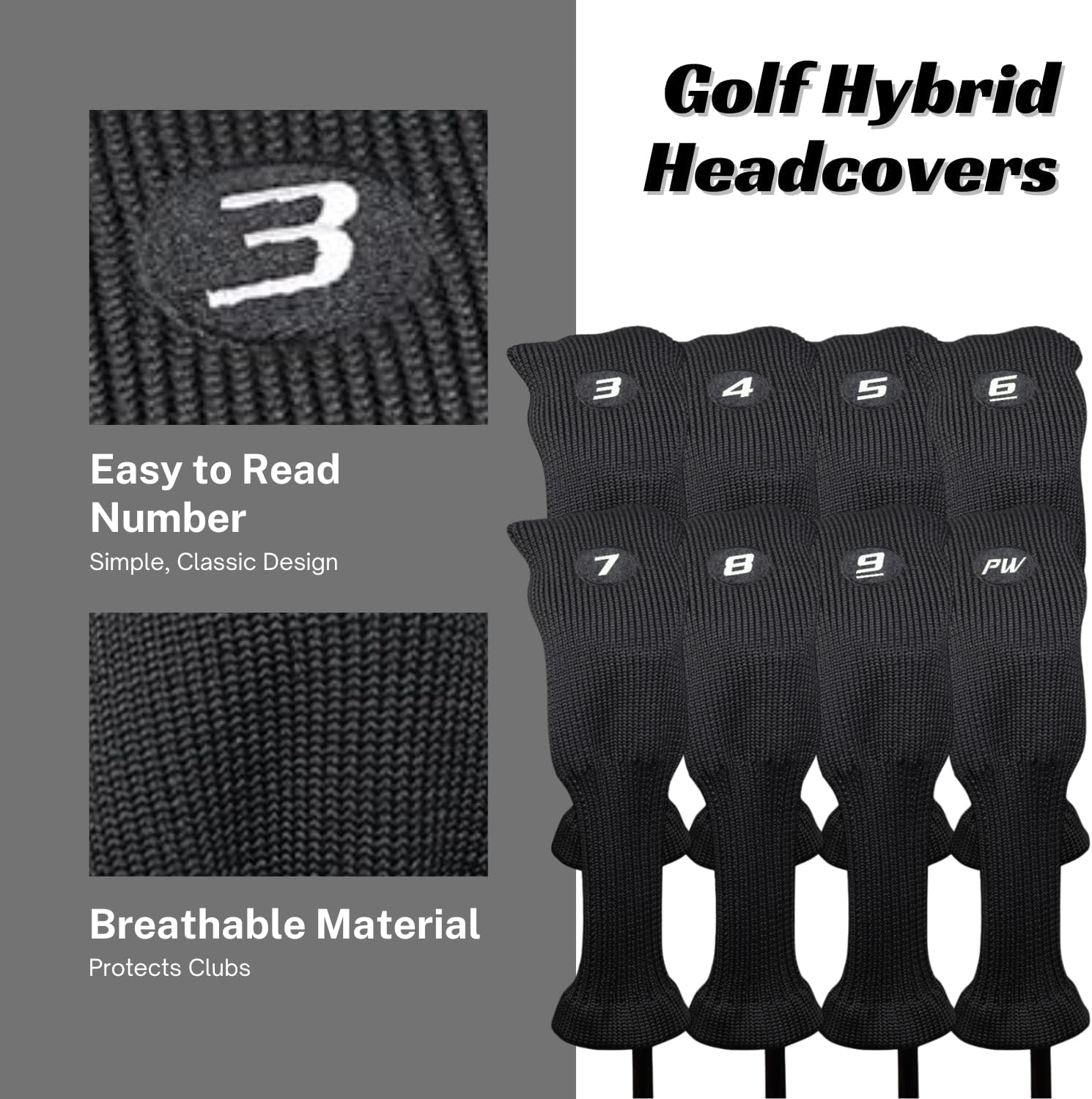 Majek All Hybrid Head Cover Golf Club Black Sleek Tight Fit Headcover Set 3-PW Acrylic Head Covers 3 4 5 6 7 8 9 PW Easy to See Large White Embroidered Numbers image number 5