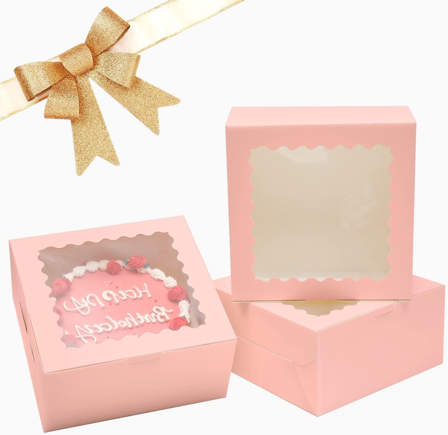 25.4X25.4X12.7 Cake Box, Pink and White Cake Box with Window Cake Containers (10 * 10 * 5 Inch) 8Pcs